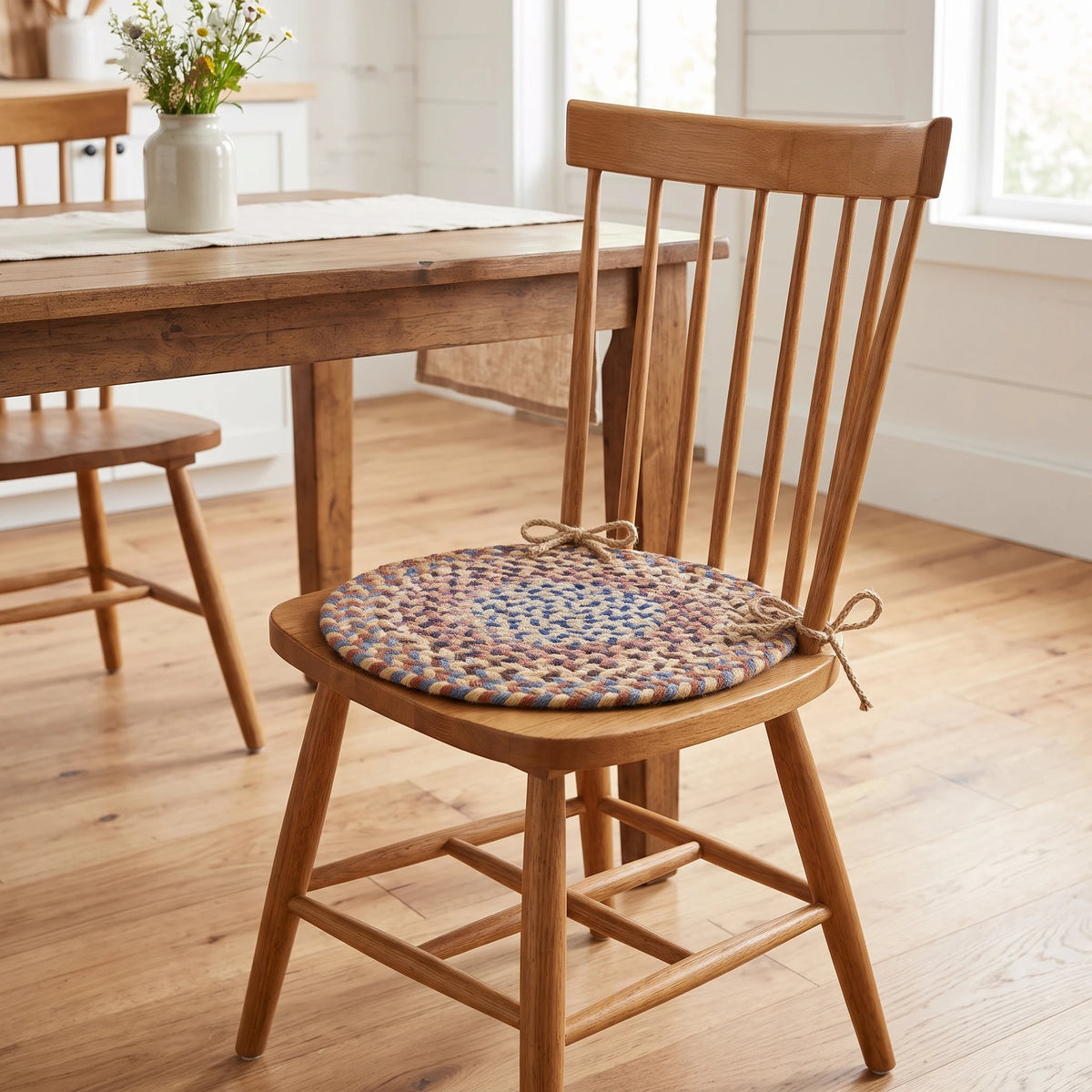 Tribeca Braided Chair Pad - Wheat Field - tied on a wooden Windsor dining chair