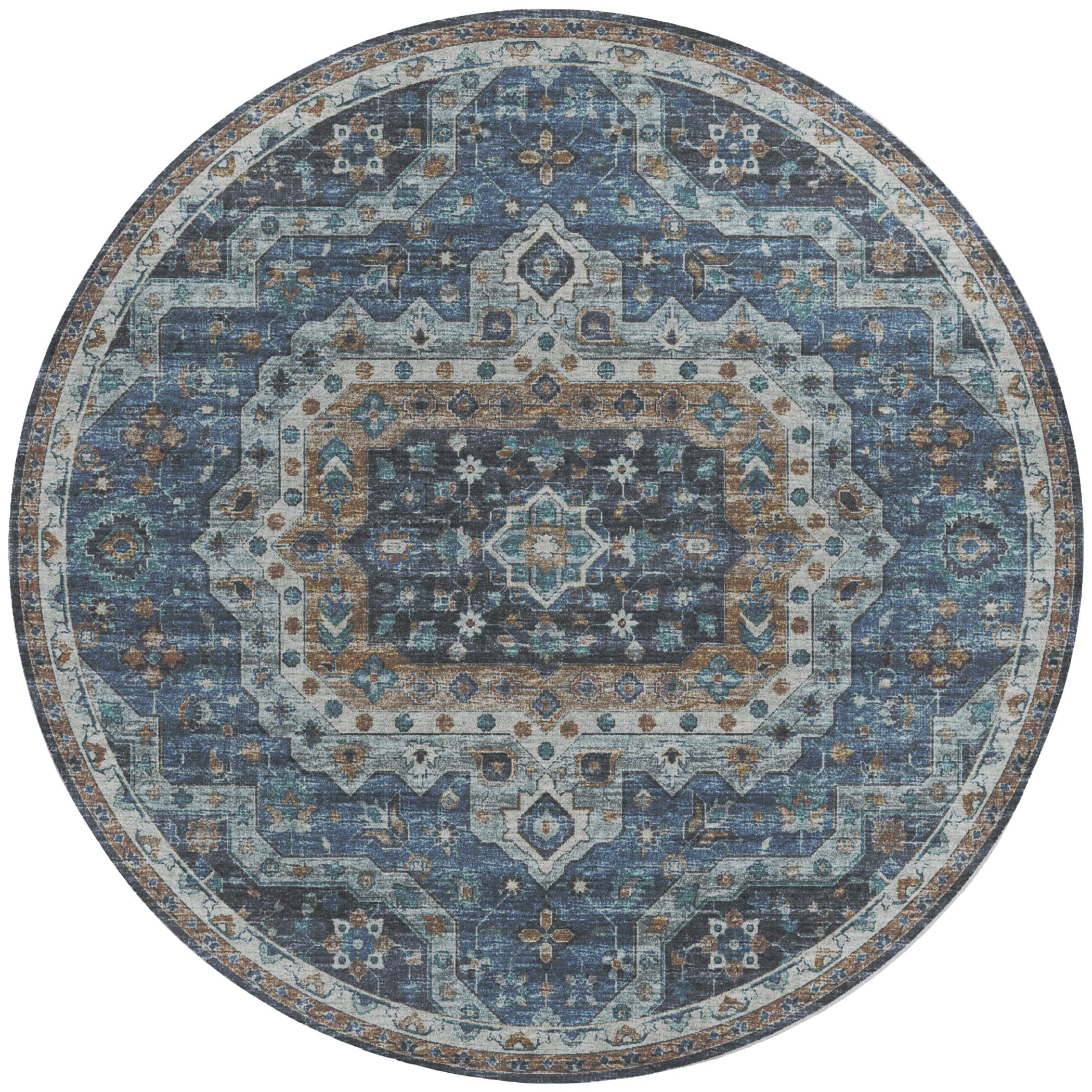 Indoor/Outdoor Traditional TU4 Blue Rug 4' x 4' #shape_Round