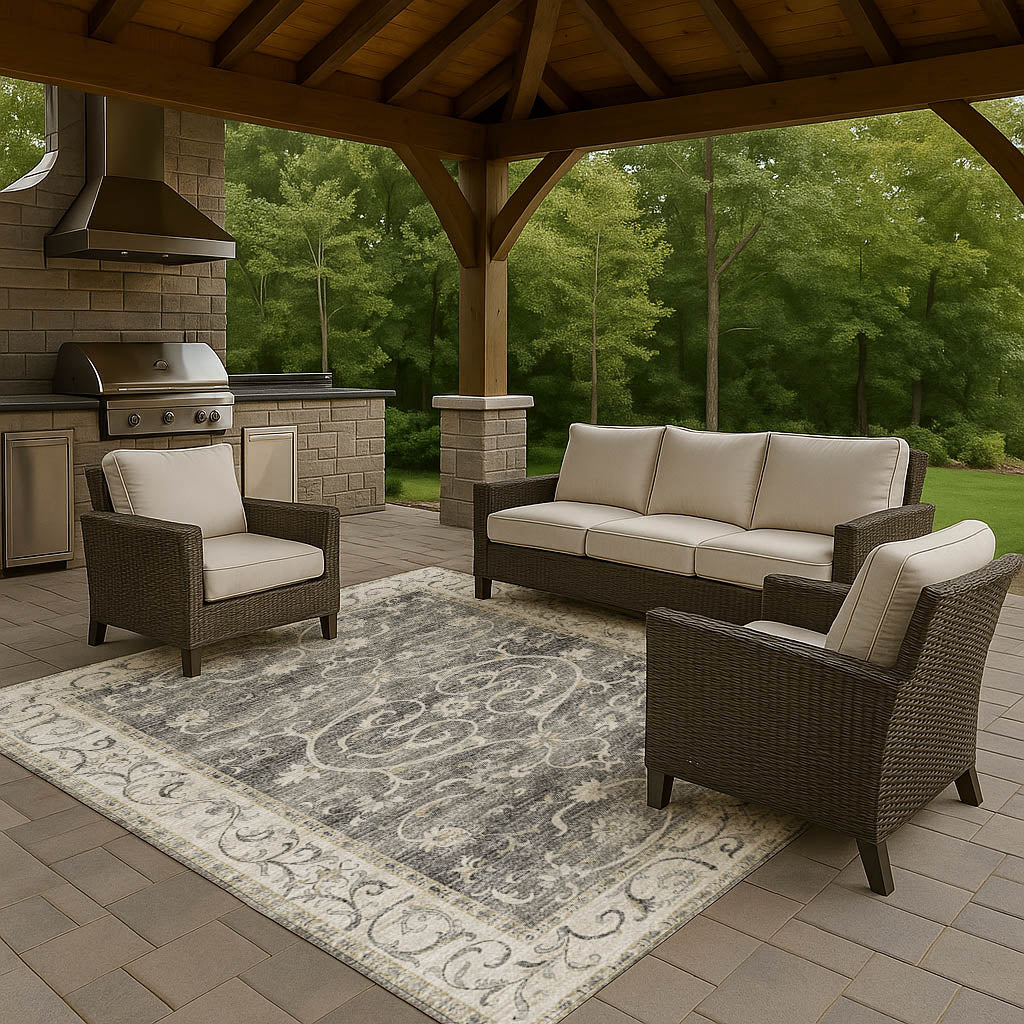 Indoor/Outdoor Traditional TU6 Charcoal Gray Rug 3' x 5' #shape_Rectangle