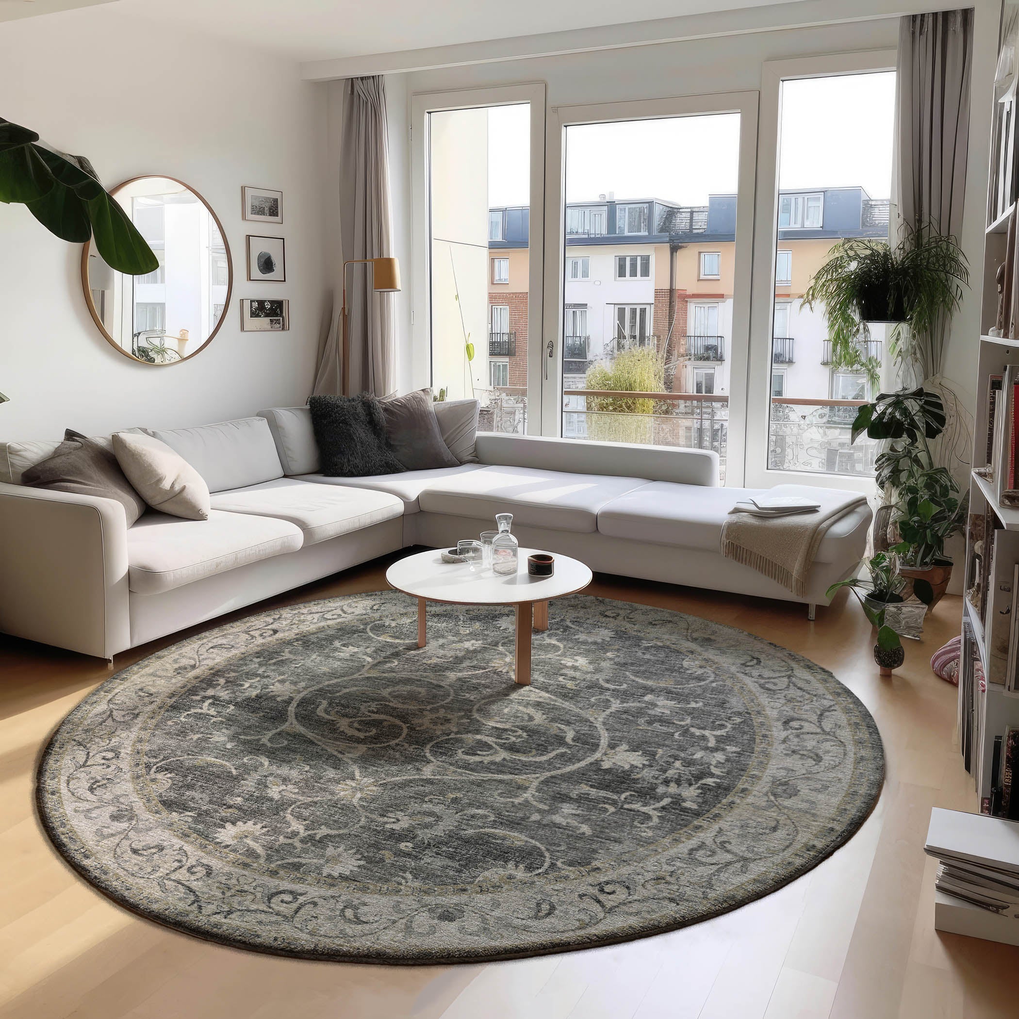 Indoor/Outdoor Traditional TU6 Charcoal Gray Rug 4' x 4' #shape_Round