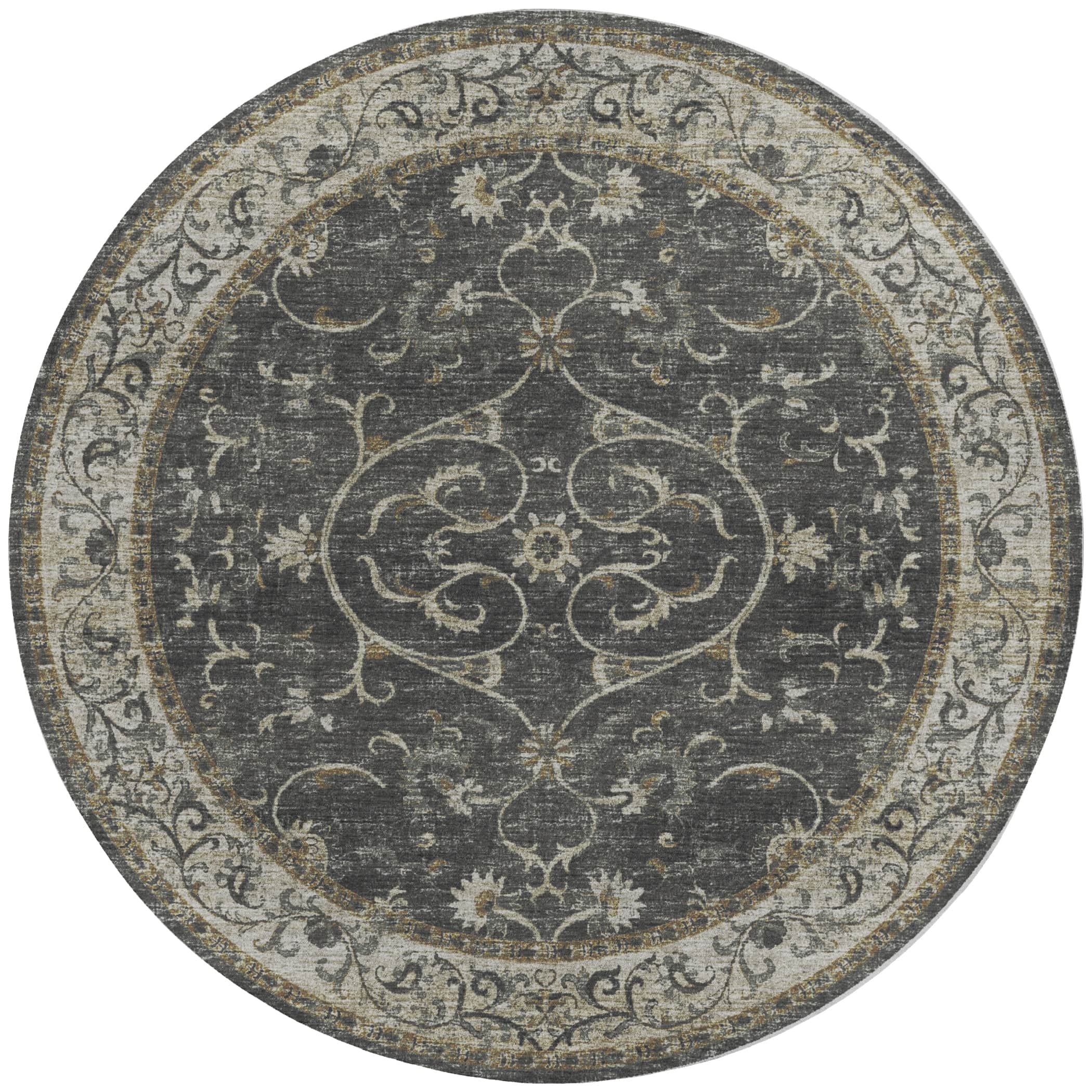 Indoor/Outdoor Traditional TU6 Charcoal Gray Rug 4' x 4' #shape_Round