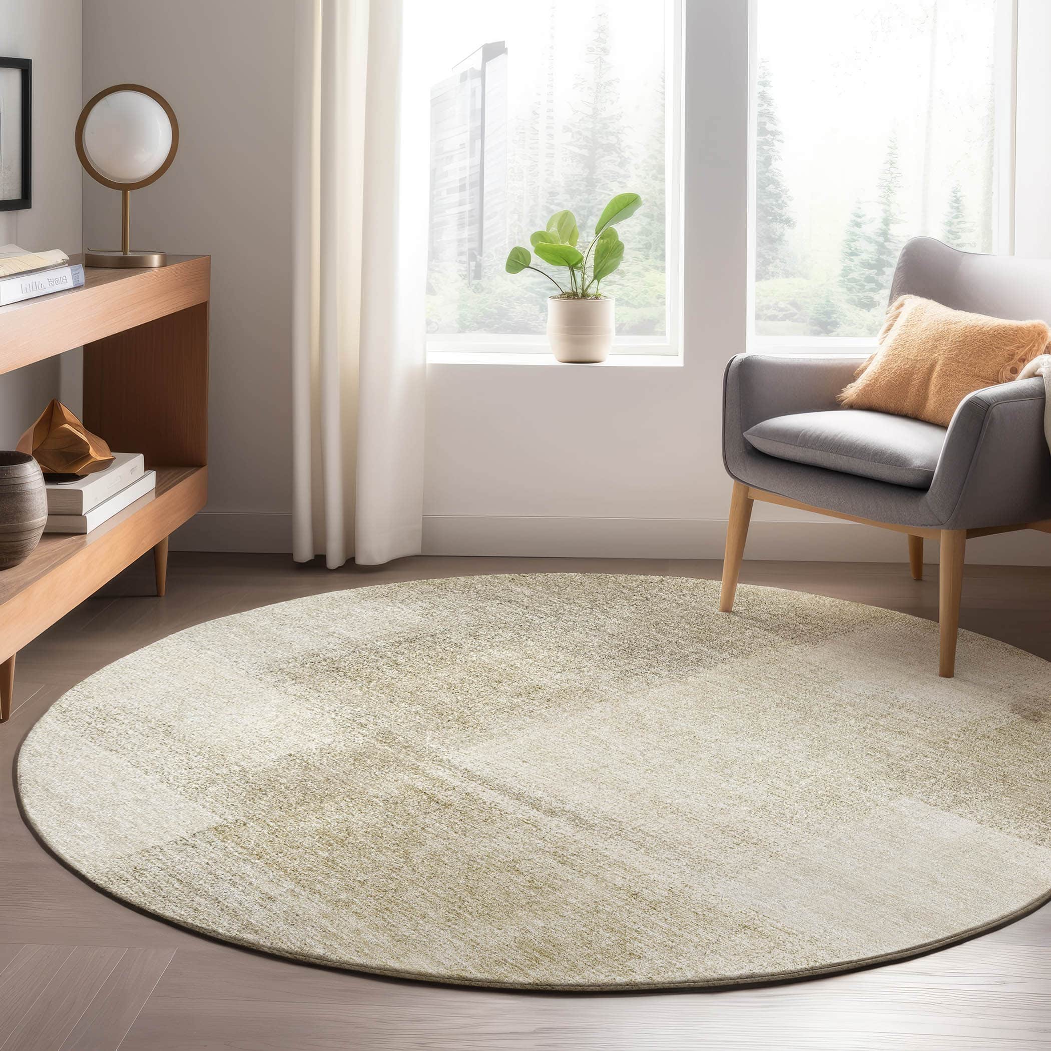 Luxury Washable Indoor/Outdoor Transitional TV10 Taupe Brown Rug 8' x 8' #shape_Round