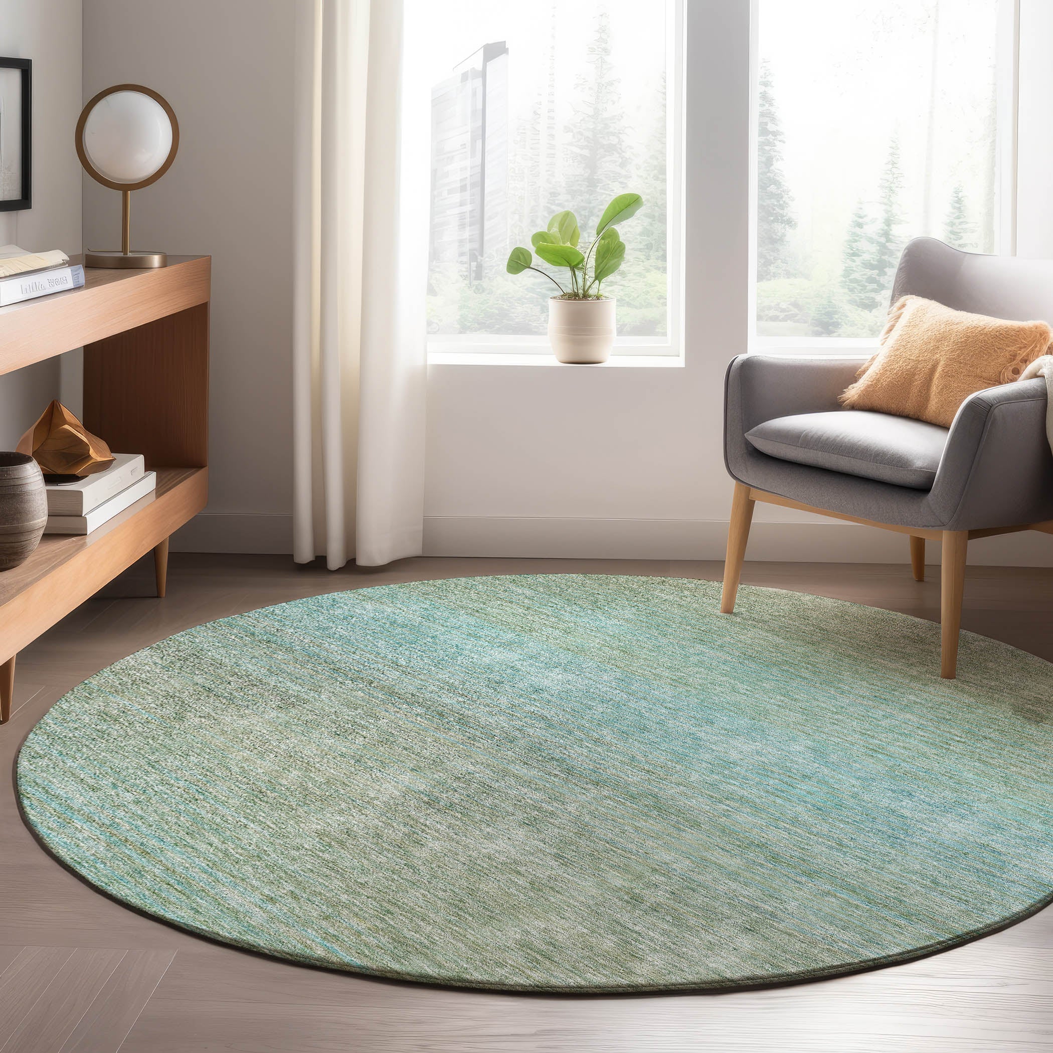 Luxury Washable Indoor/Outdoor Transitional TV11 Teal Rug 8' x 8' #shape_Round