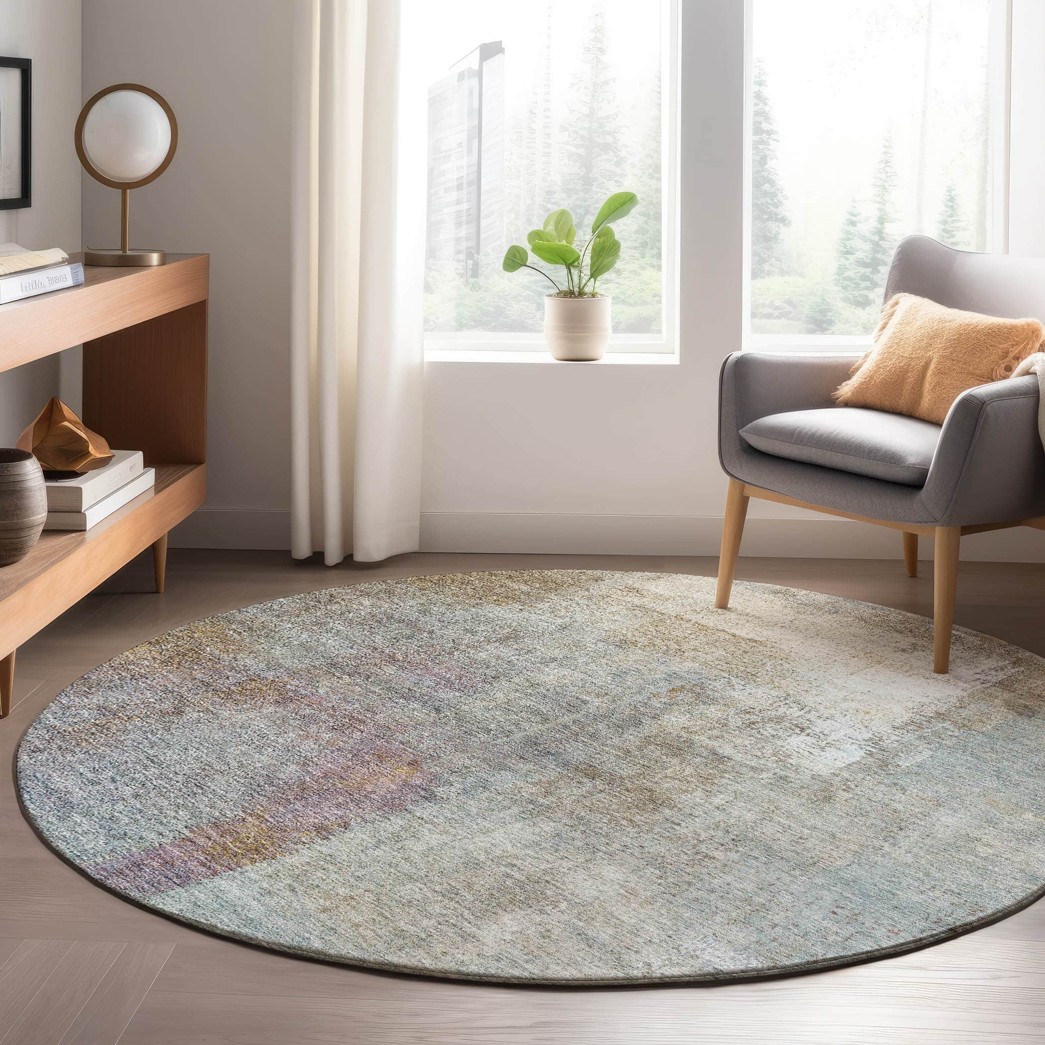 Luxury Washable Indoor/Outdoor Transitional TV12 Mocha Brown Rug 8' x 8' #shape_Round
