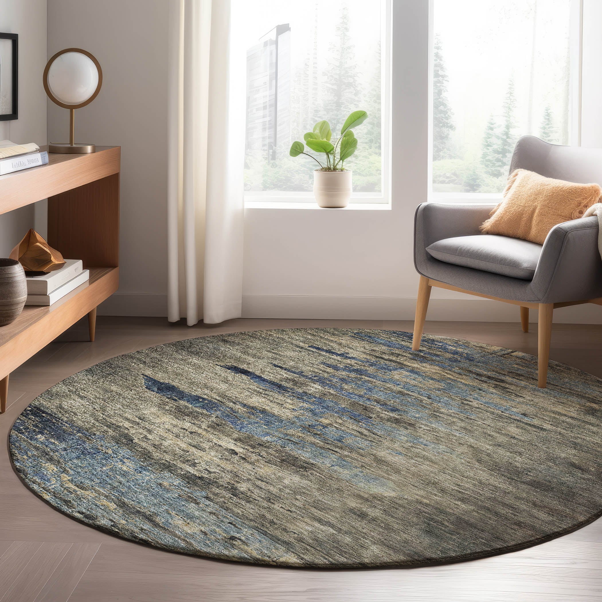 Luxury Washable Indoor/Outdoor Transitional TV14 Coffee Brown Rug 8' x 8' #shape_Round