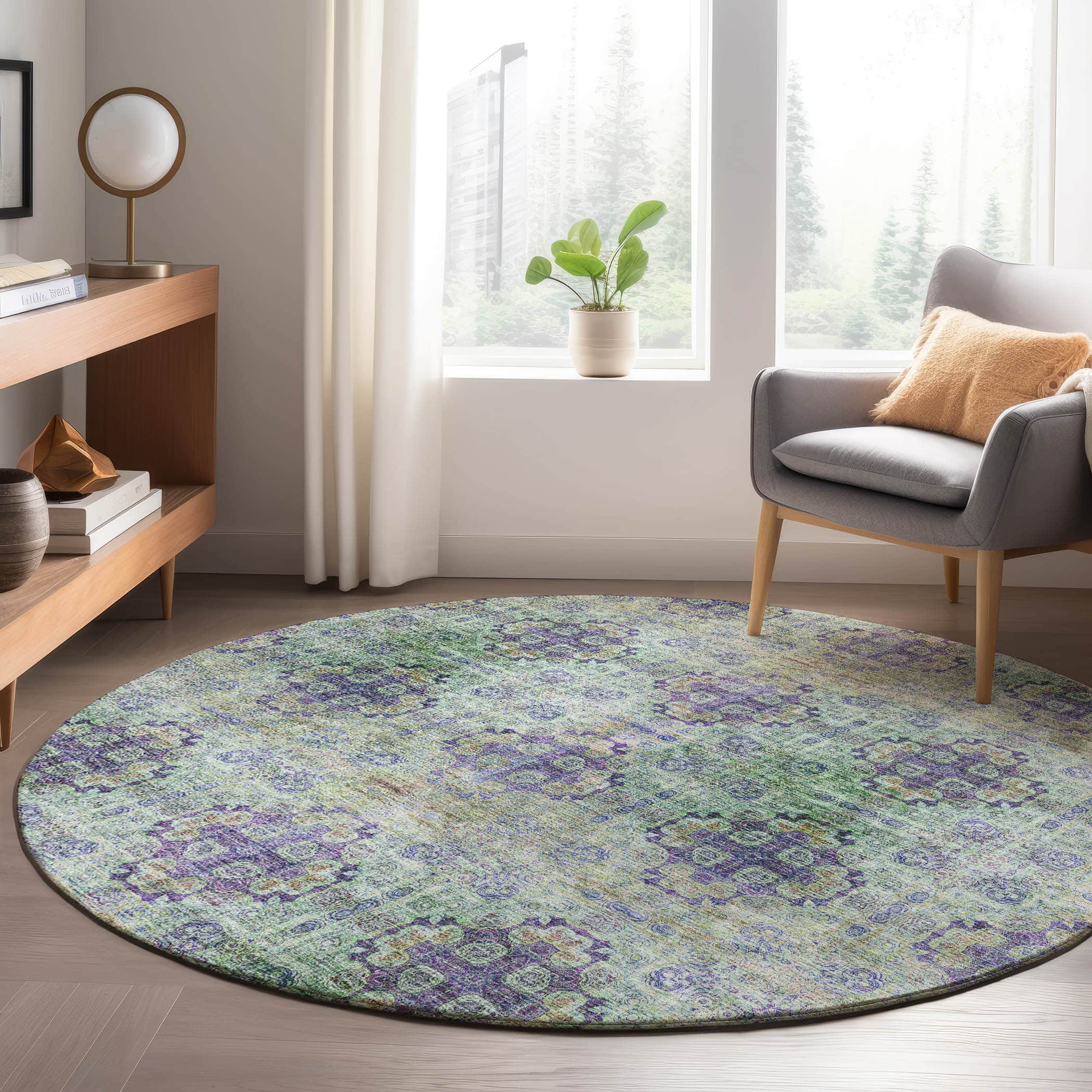 Luxury Washable Indoor/Outdoor Transitional TV16 Purple Rug 8' x 8' #shape_Round