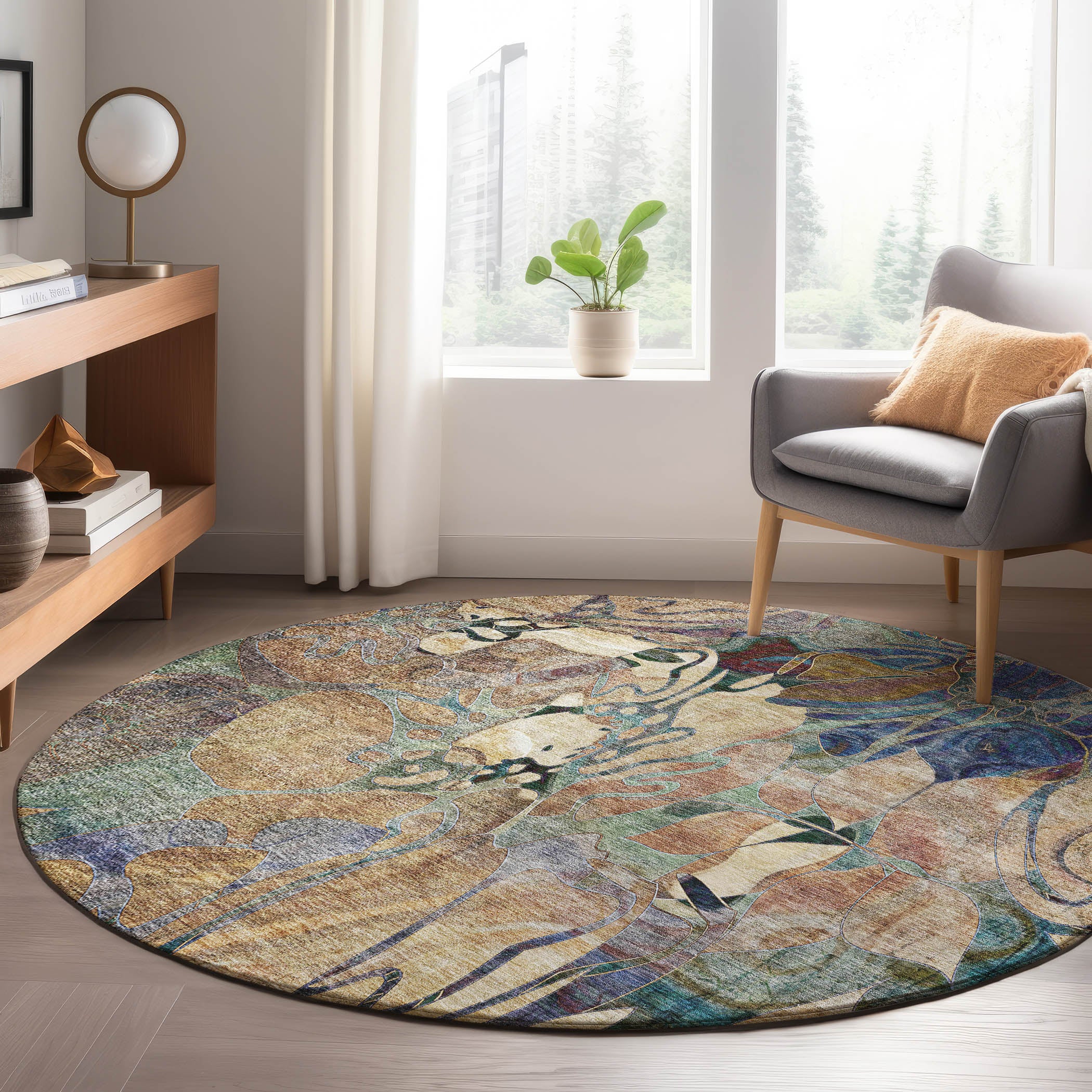 Luxury Washable Indoor/Outdoor Transitional TV17 Beige Ivory Rug 8' x 8' #shape_Round