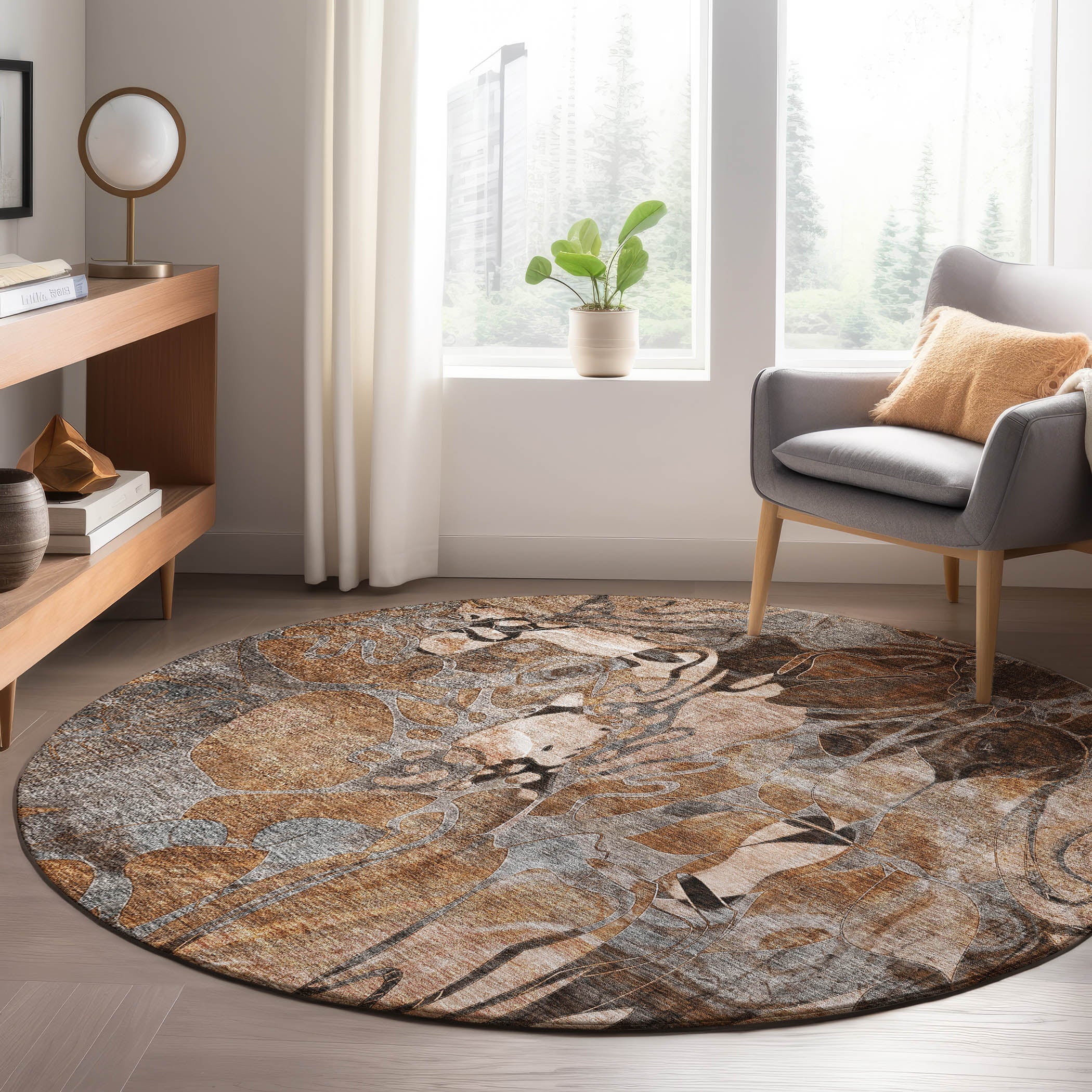 Luxury Washable Indoor/Outdoor Transitional TV17 Paprika Orange Rug 8' x 8' #shape_Round