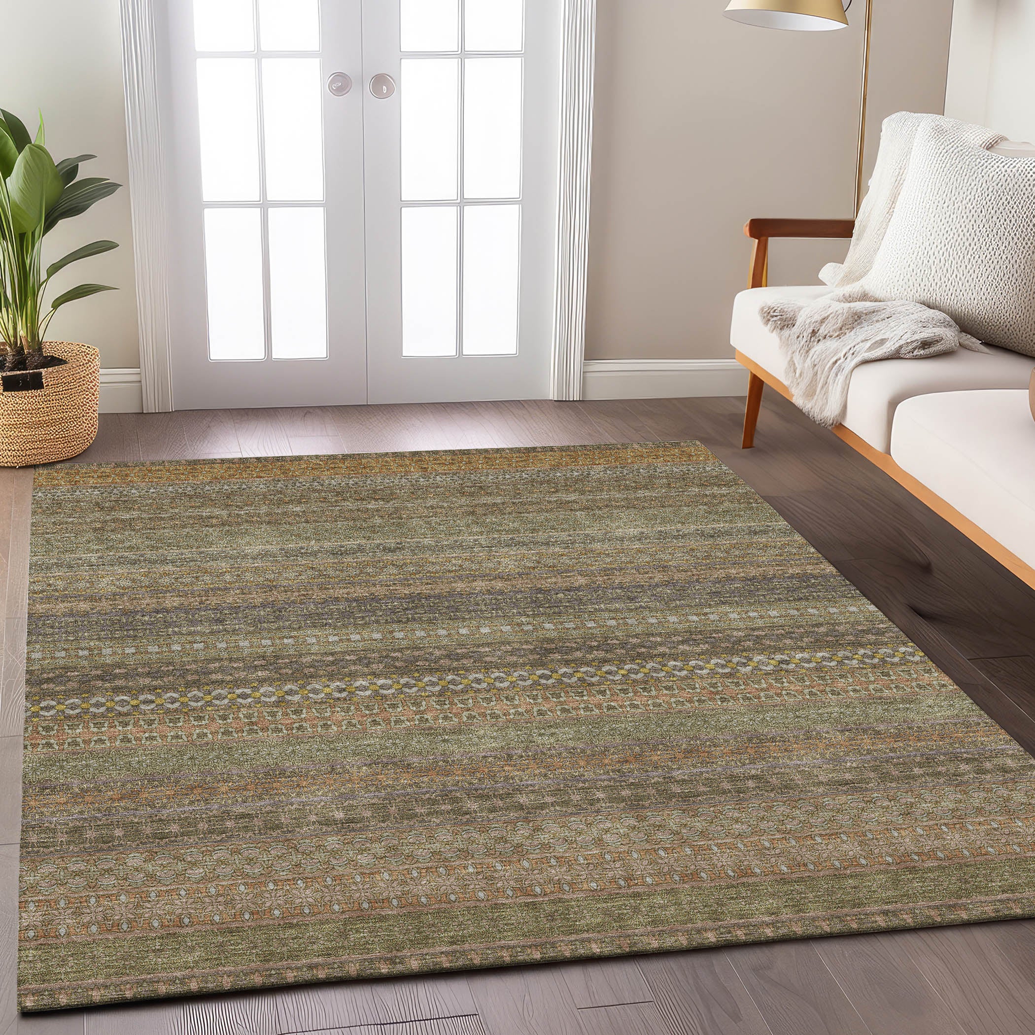 Luxury Washable Indoor/Outdoor Transitional TV3 Khaki Brown Rug 1'8" x 2'6" #shape_Rectangle