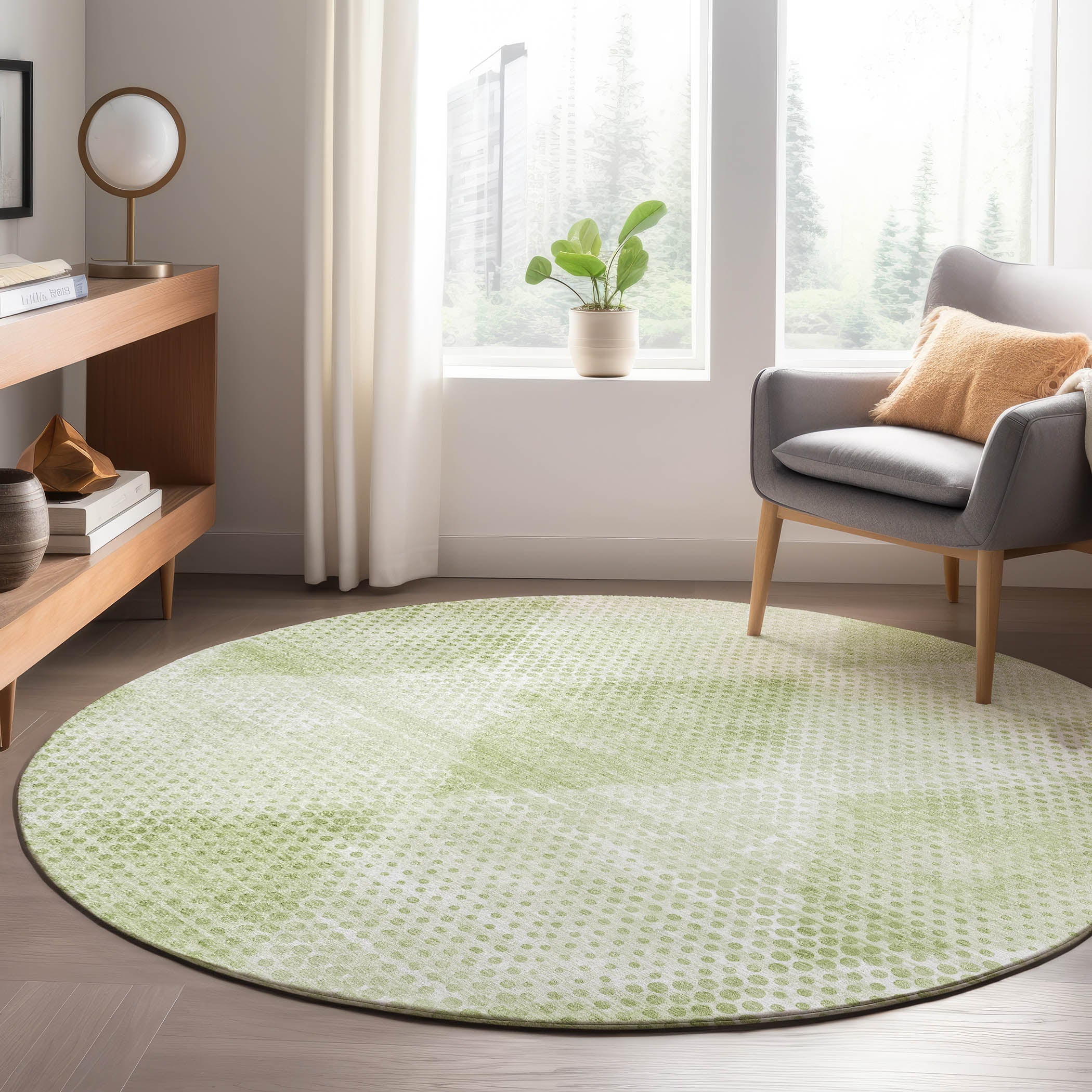 Luxury Washable Indoor/Outdoor Transitional TV4 Mint Green Rug 8' x 8' #shape_Round