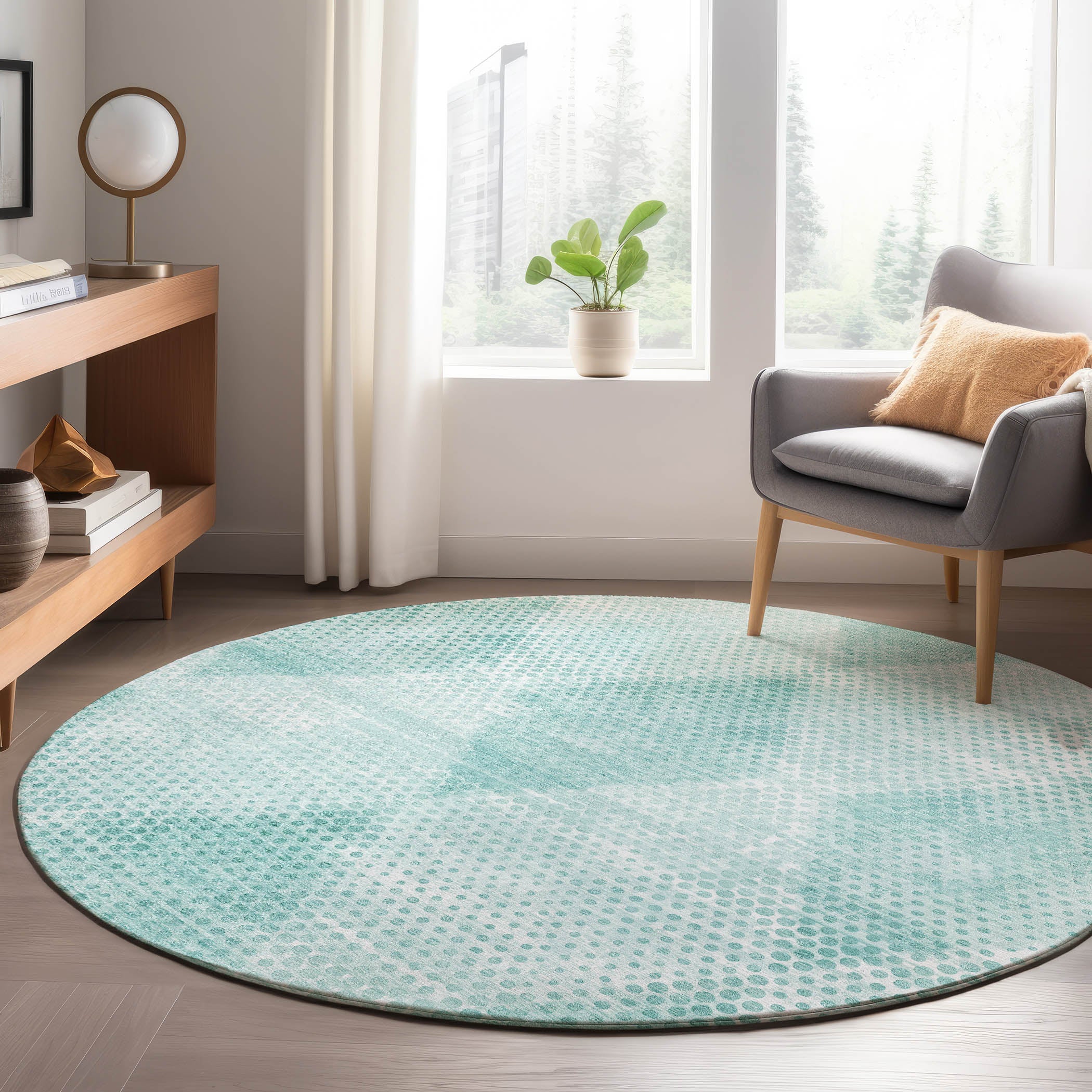 Luxury Washable Indoor/Outdoor Transitional TV4 Teal Rug 8' x 8' #shape_Round