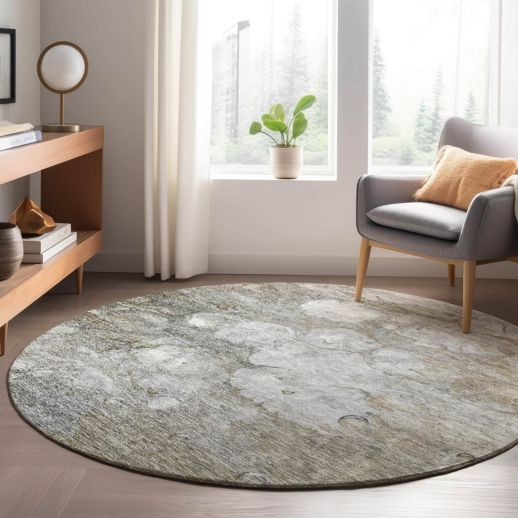 Luxury Washable Indoor/Outdoor Transitional TV7 Taupe Brown Rug 8' x 8' #shape_Round