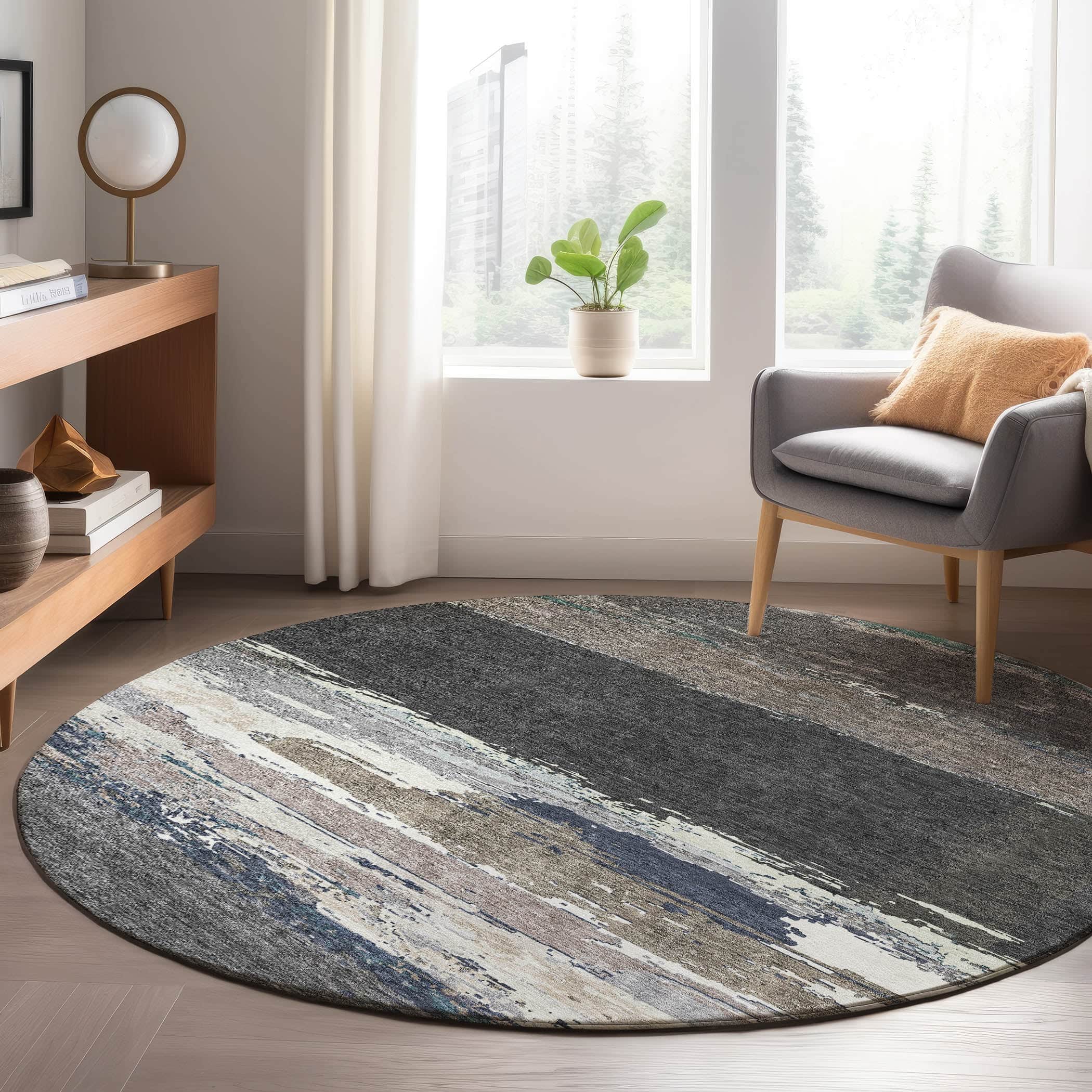 Luxury Washable Indoor/Outdoor Transitional TV8 Black Rug 8' x 8' #shape_Round