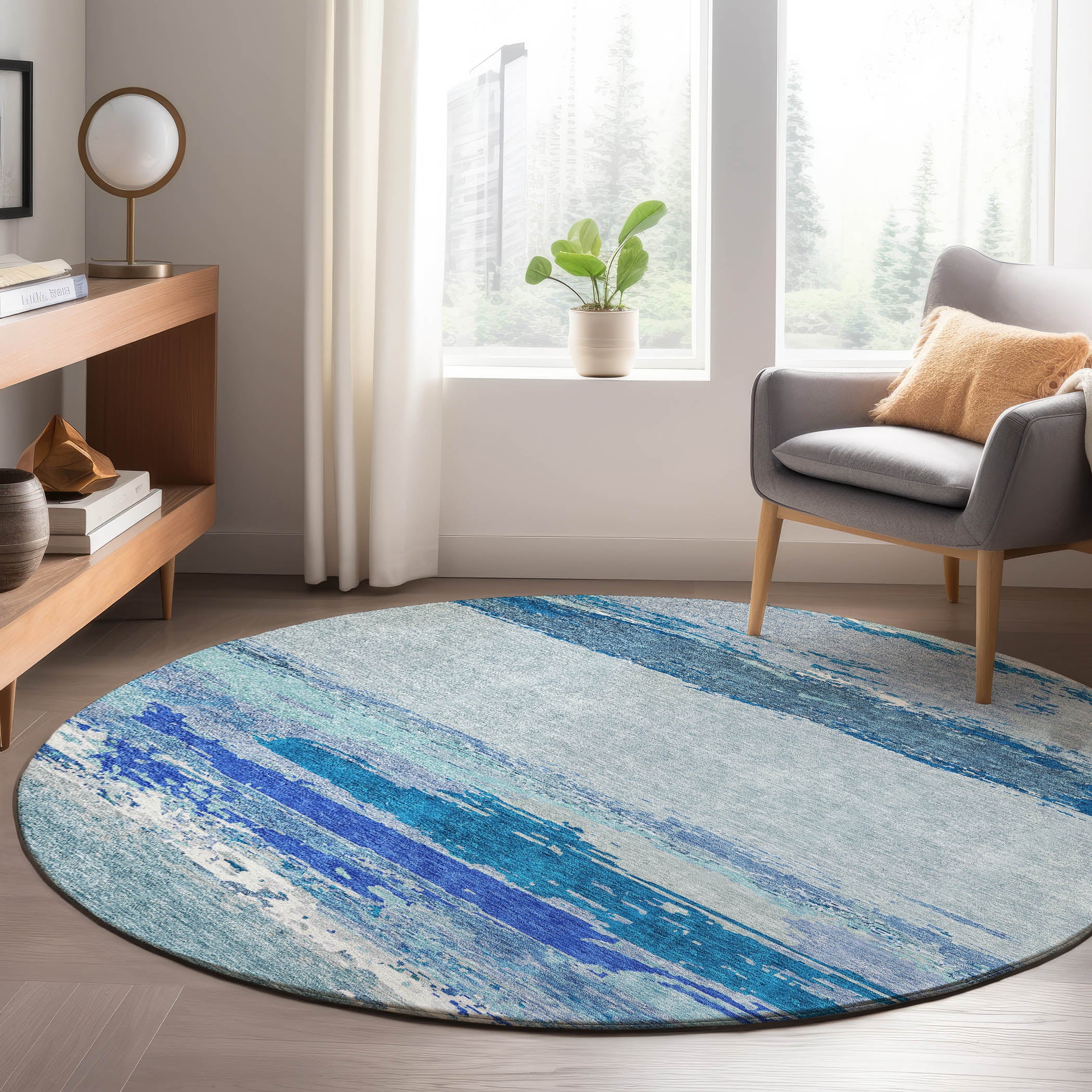 Luxury Washable Indoor/Outdoor Transitional TV8 Blue Rug 8' x 8' #shape_Round