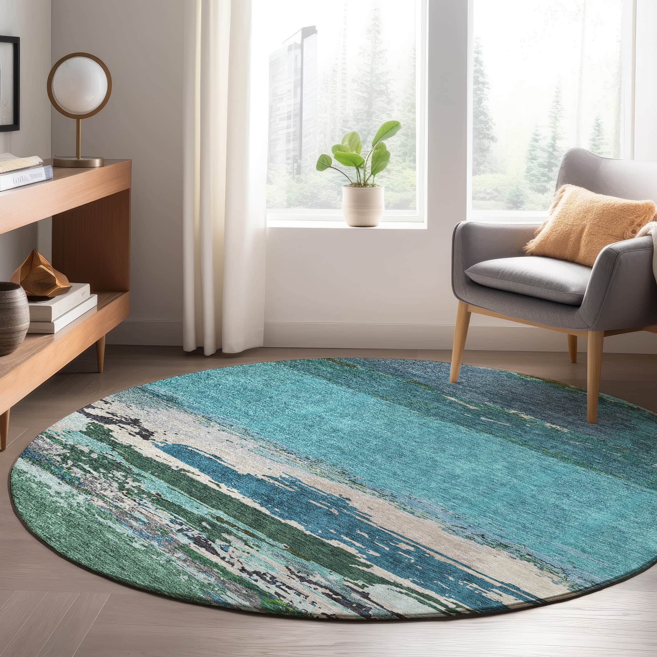 Luxury Washable Indoor/Outdoor Transitional TV8 Teal Rug 8' x 8' #shape_Round