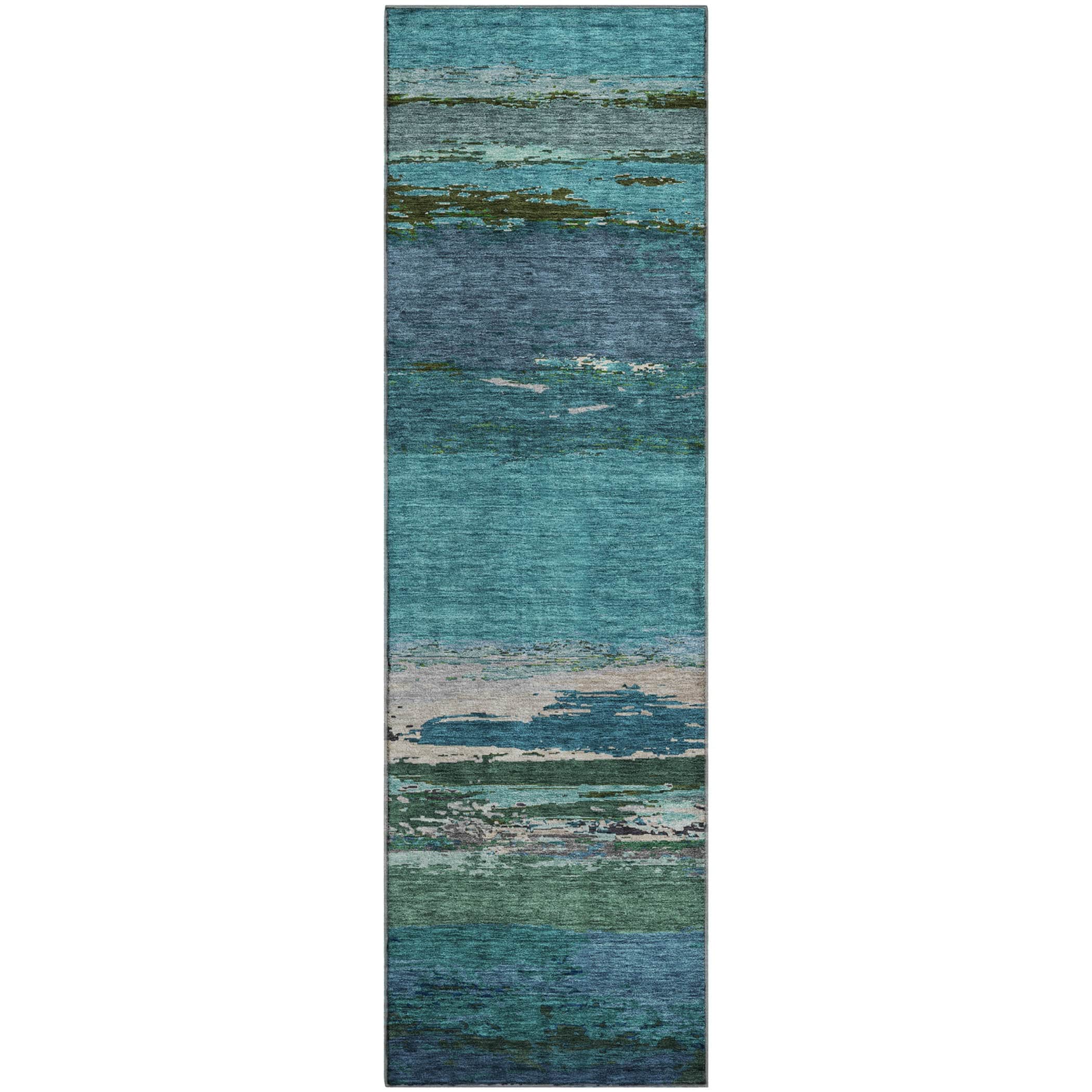 Luxury Washable Indoor/Outdoor Transitional TV8 Teal Rug 2'3" x 7'6" #shape_Runner