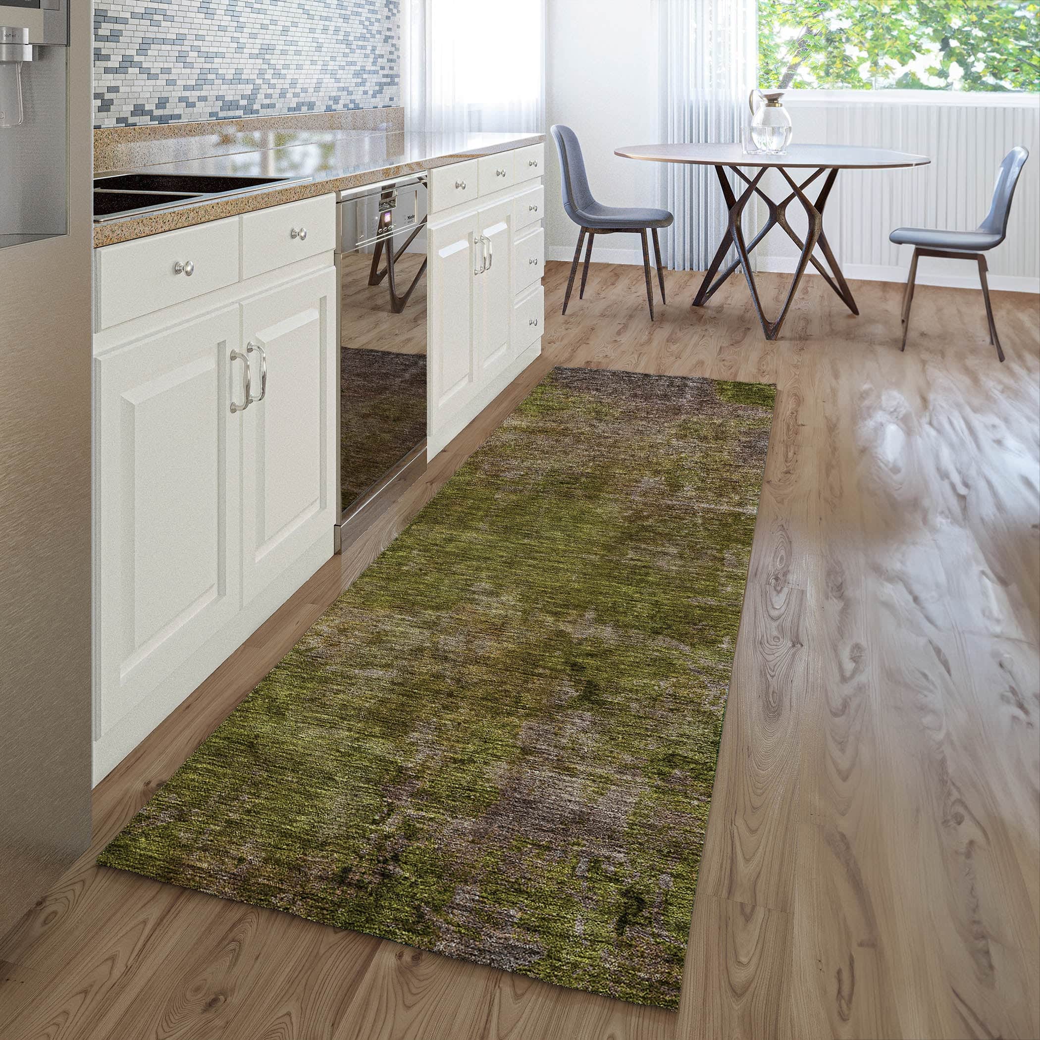 Luxury Washable Indoor/Outdoor Transitional TV9 Green Rug 2'3" x 7'6" #shape_Runner