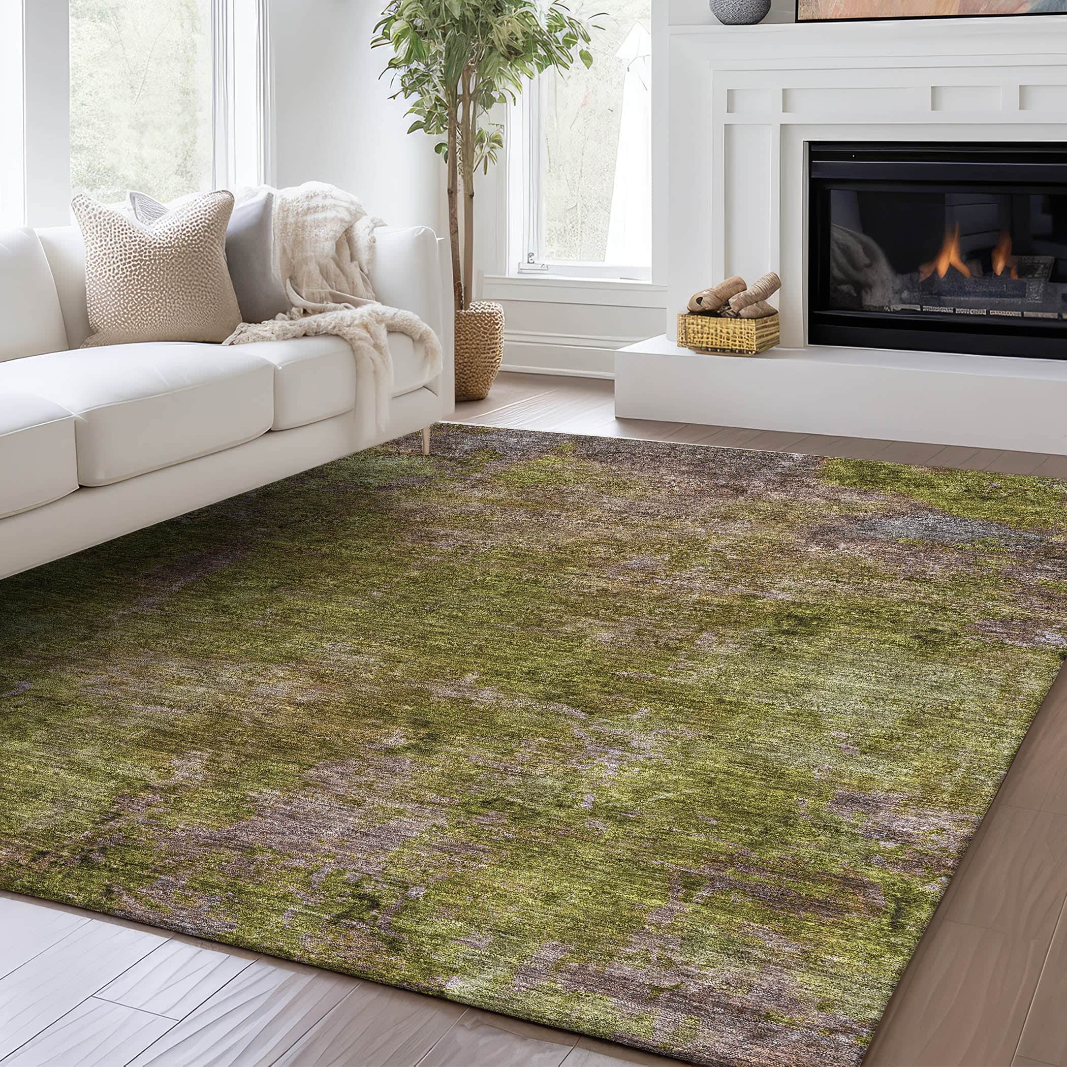Luxury Washable Indoor/Outdoor Transitional TV9 Green Rug 1'8" x 2'6" #shape_Rectangle