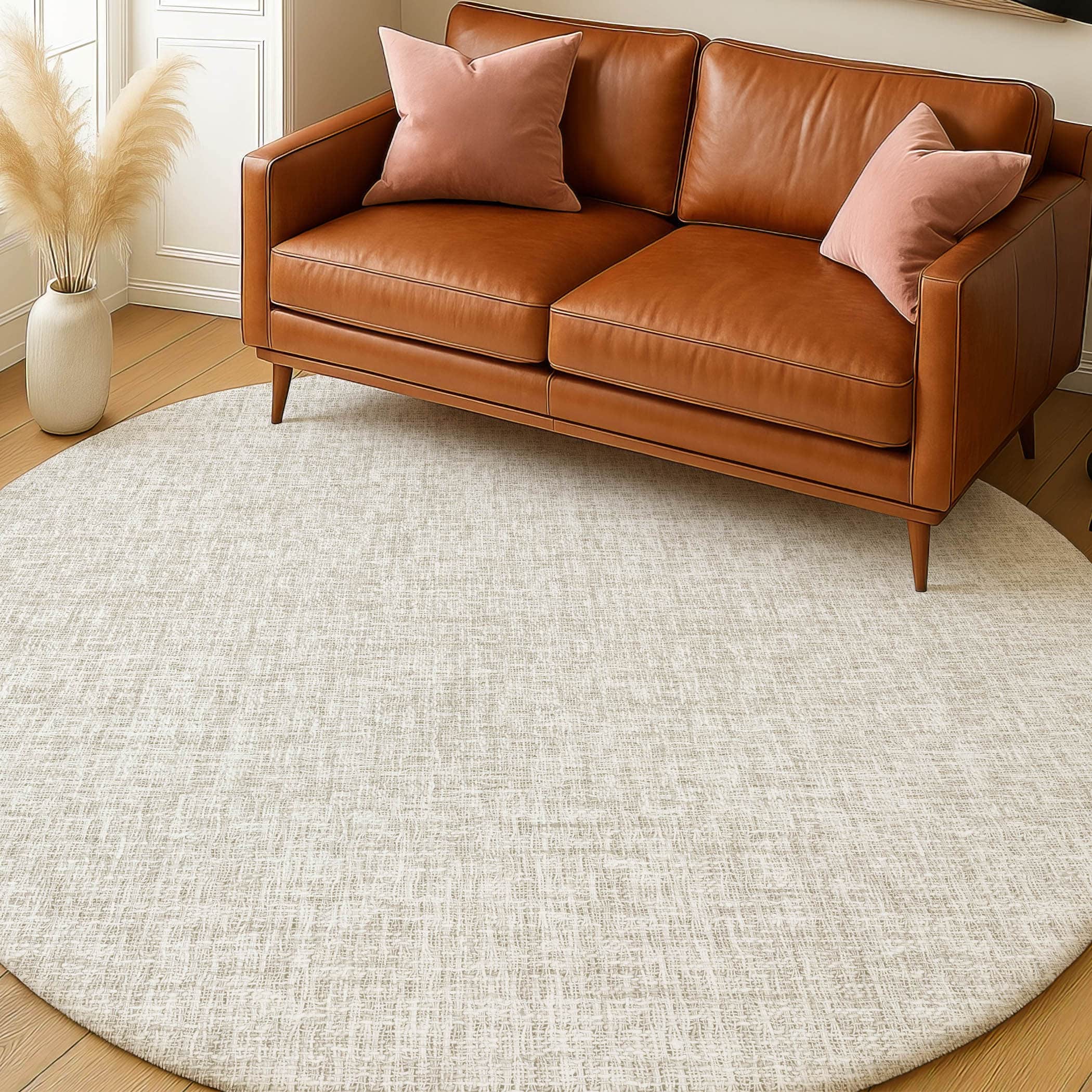 Luxury Washable Transitional VY1 Linen Ivory Rug 8' x 8' #shape_Round