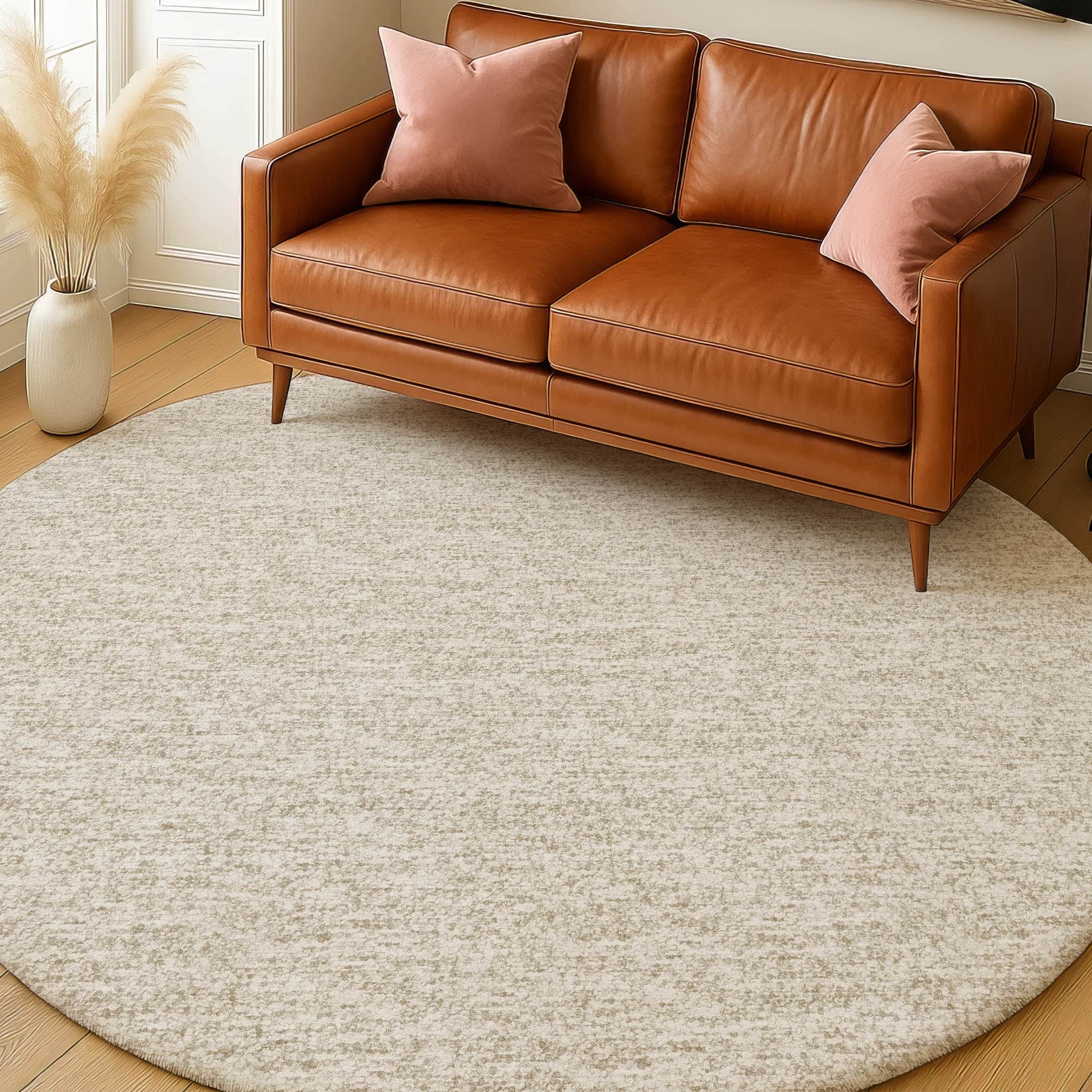 Luxury Washable Transitional VY2 Beige Brown Rug 8' x 8' #shape_Round