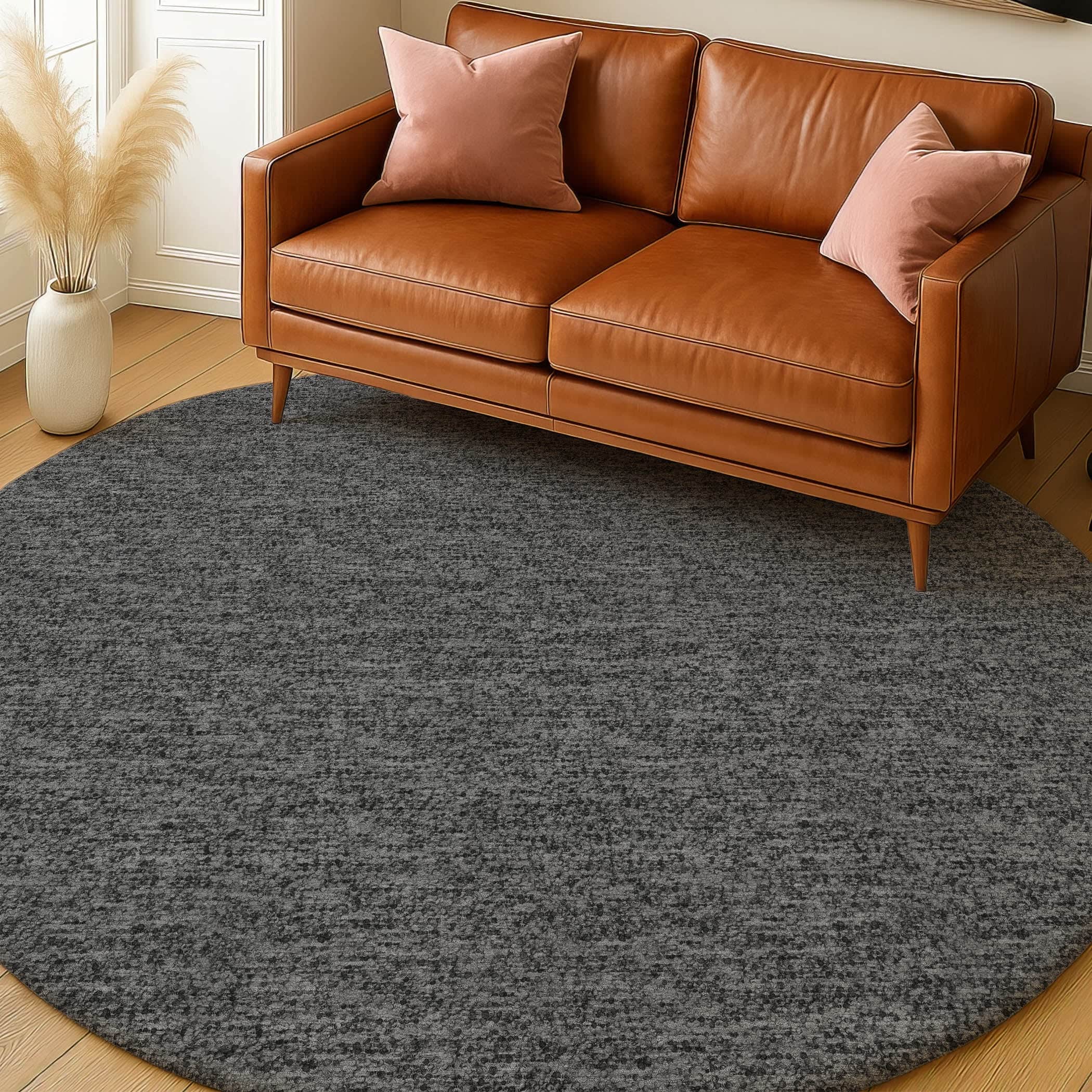 Luxury Washable Transitional VY2 Charcoal Gray Rug 8' x 8' #shape_Round