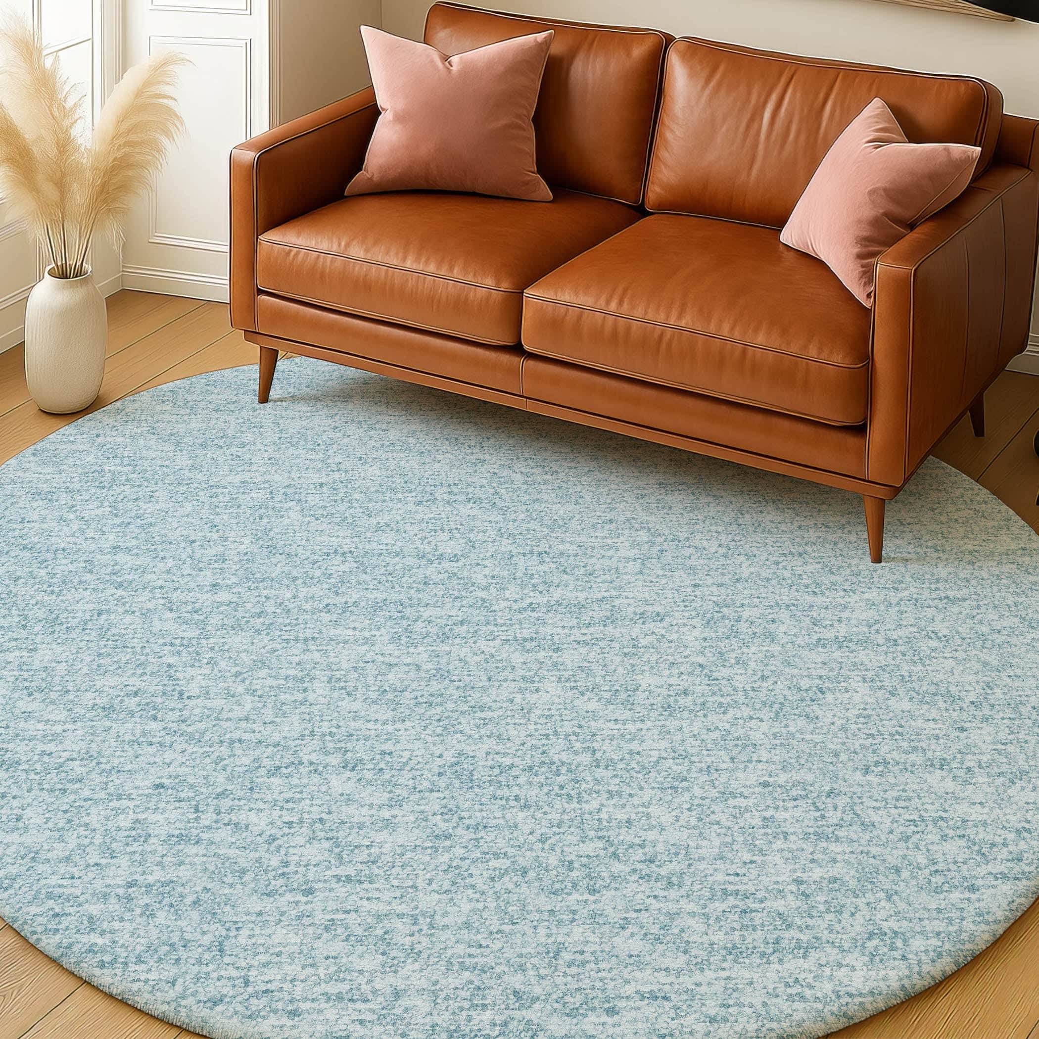 Luxury Washable Transitional VY2 Sky Blue Rug 8' x 8' #shape_Round