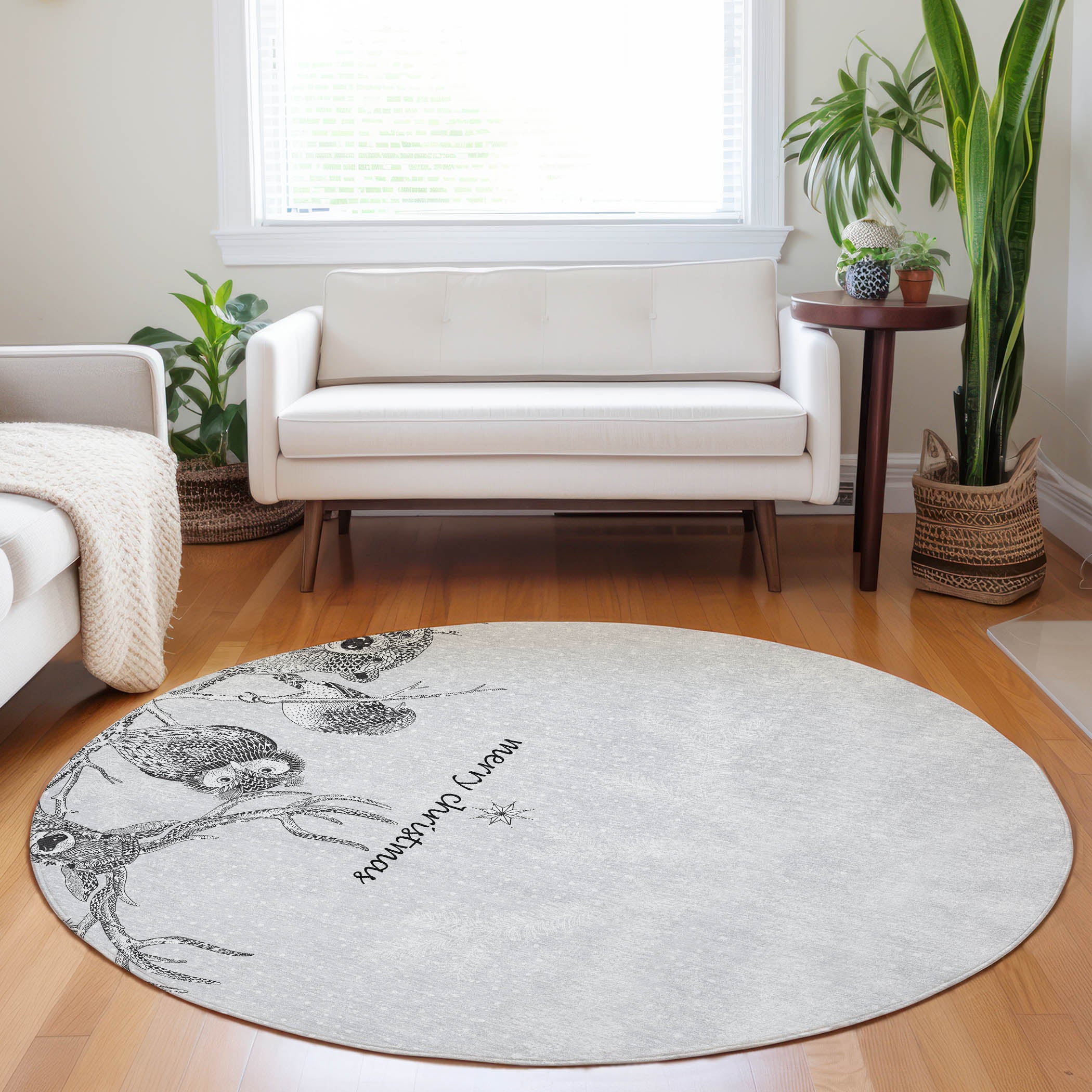 Luxury Machine Washable Indoor/Outdoor Holiday WN10 Flannel Gray Rug 8' x 8' #shape_Round