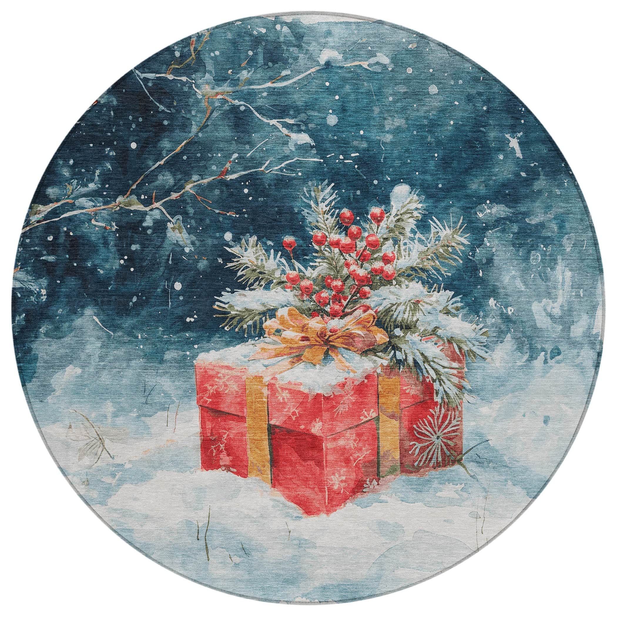 Luxury Machine Washable Indoor/Outdoor Holiday WN13 Blue Rug 8' x 8' #shape_Round