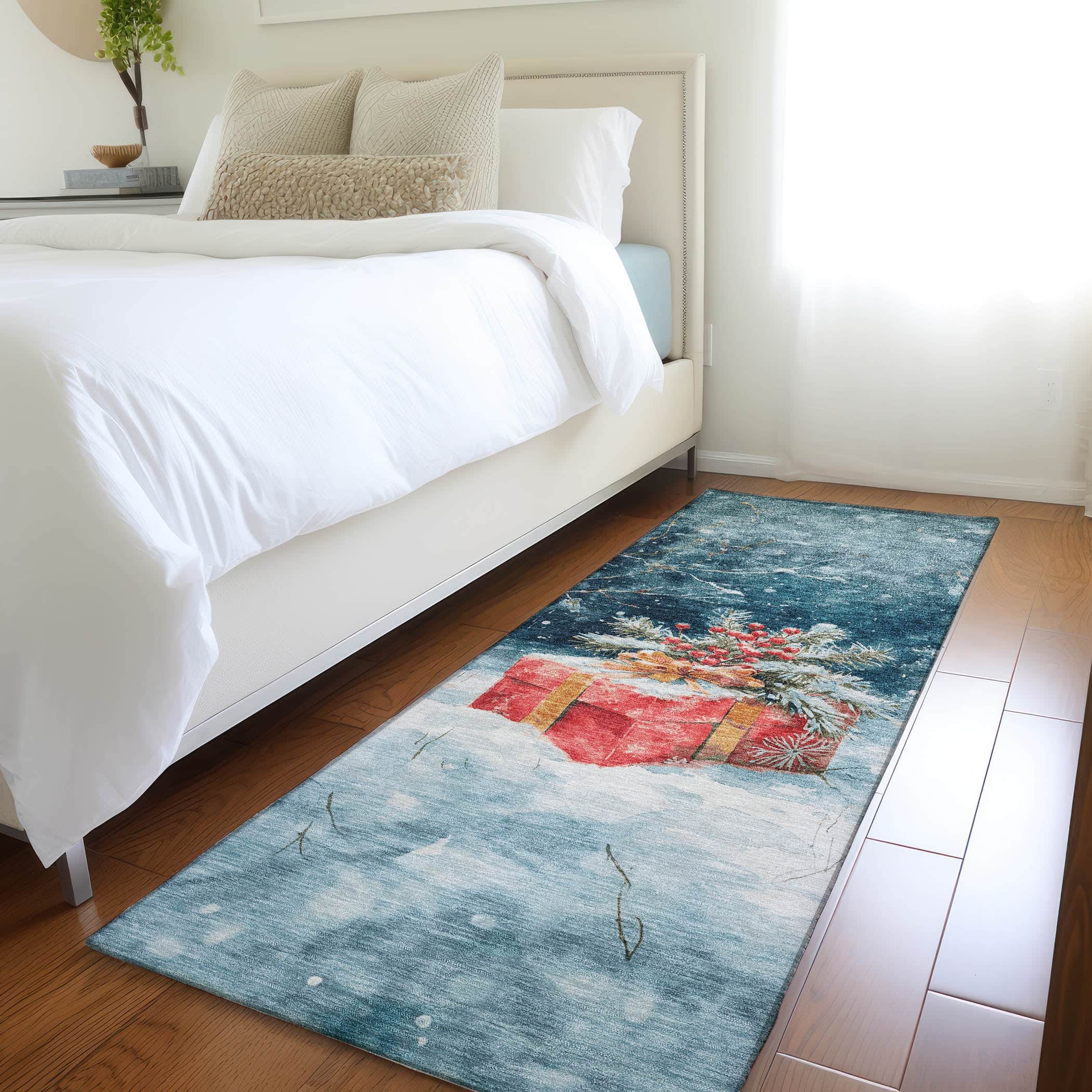 Luxury Machine Washable Indoor/Outdoor Holiday WN13 Blue Rug 2'3" x 7'6" #shape_Runner