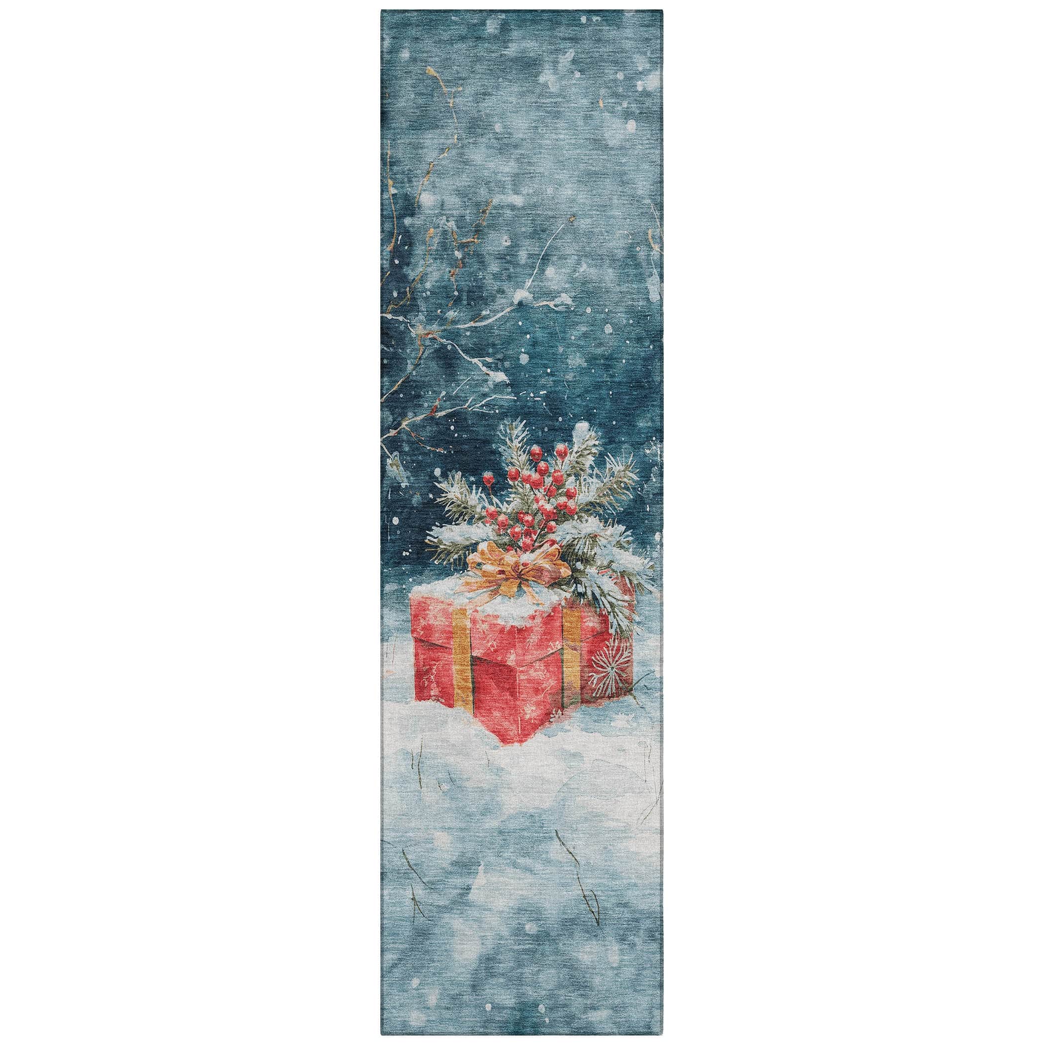 Luxury Machine Washable Indoor/Outdoor Holiday WN13 Blue Rug 2'3" x 7'6" #shape_Runner