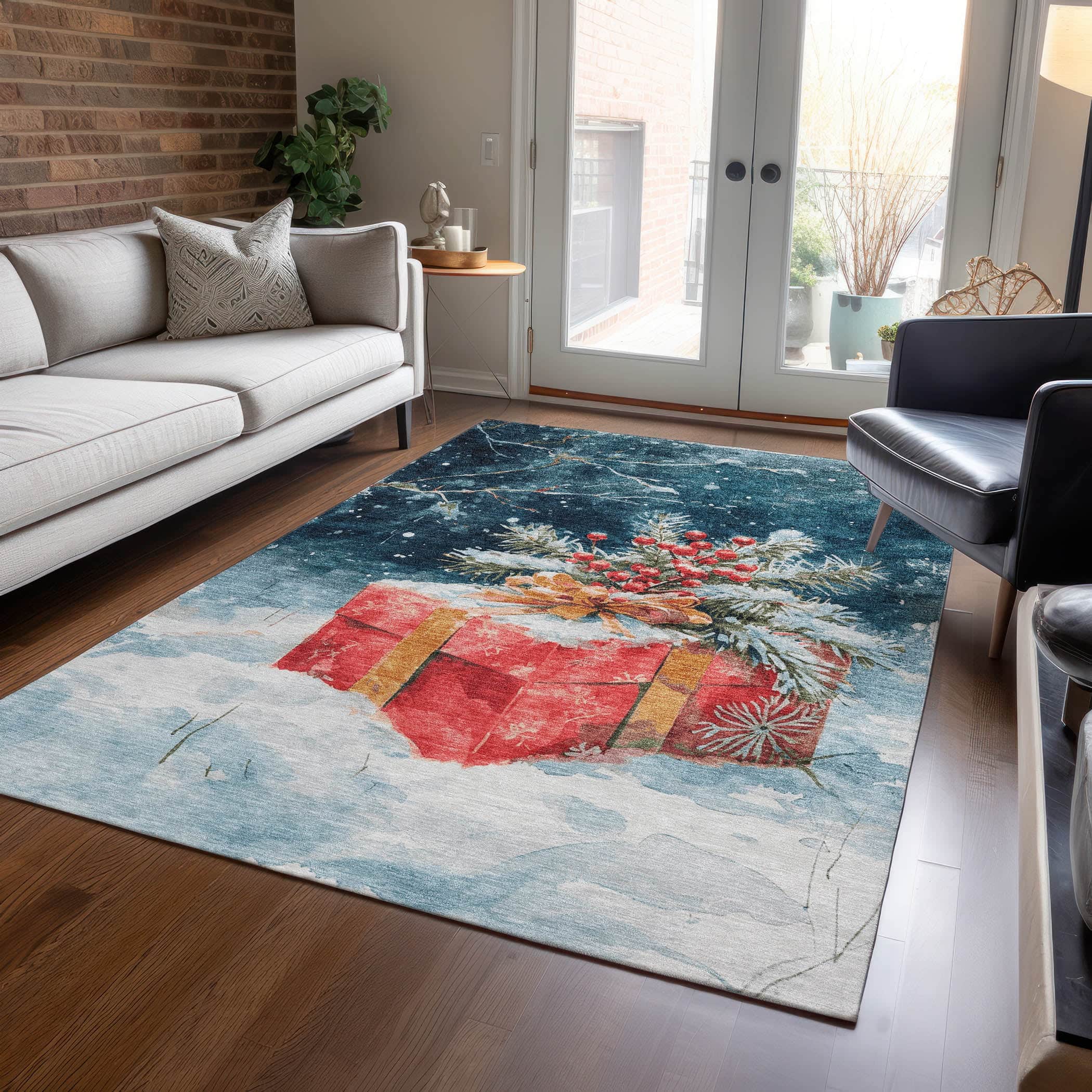 Luxury Machine Washable Indoor/Outdoor Holiday WN13 Blue Rug 2'6" x 3'10" #shape_Rectangle