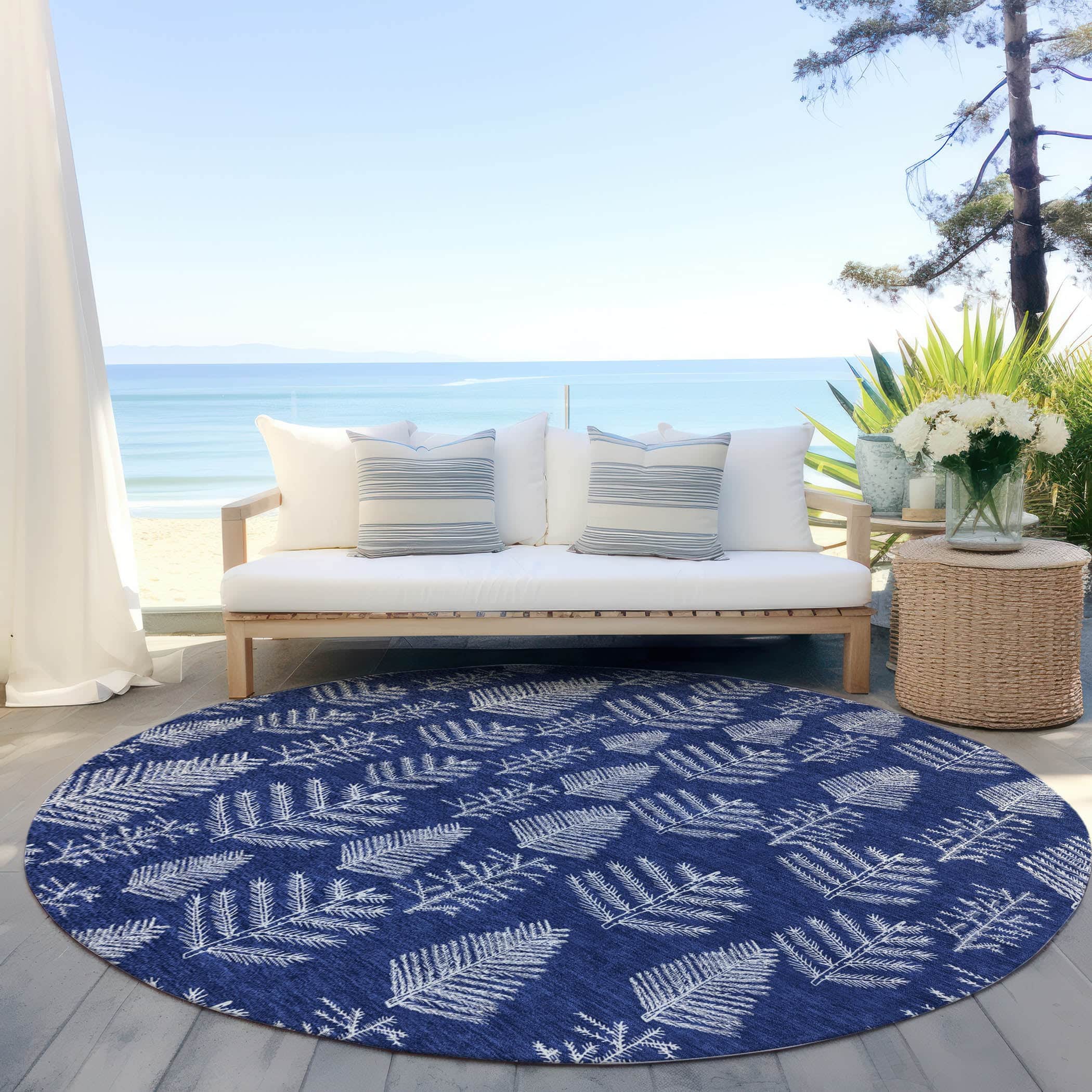 Luxury Machine Washable Indoor/Outdoor Holiday WN21 Navy Blue Rug 8' x 8' #shape_Round