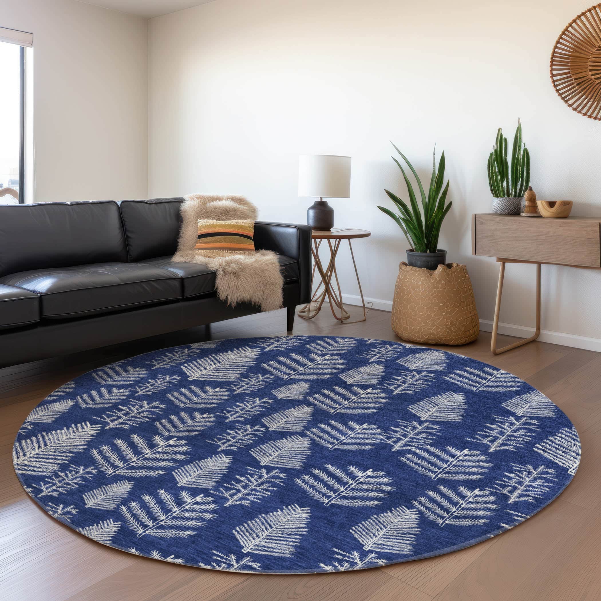 Luxury Machine Washable Indoor/Outdoor Holiday WN21 Navy Blue Rug 8' x 8' #shape_Round