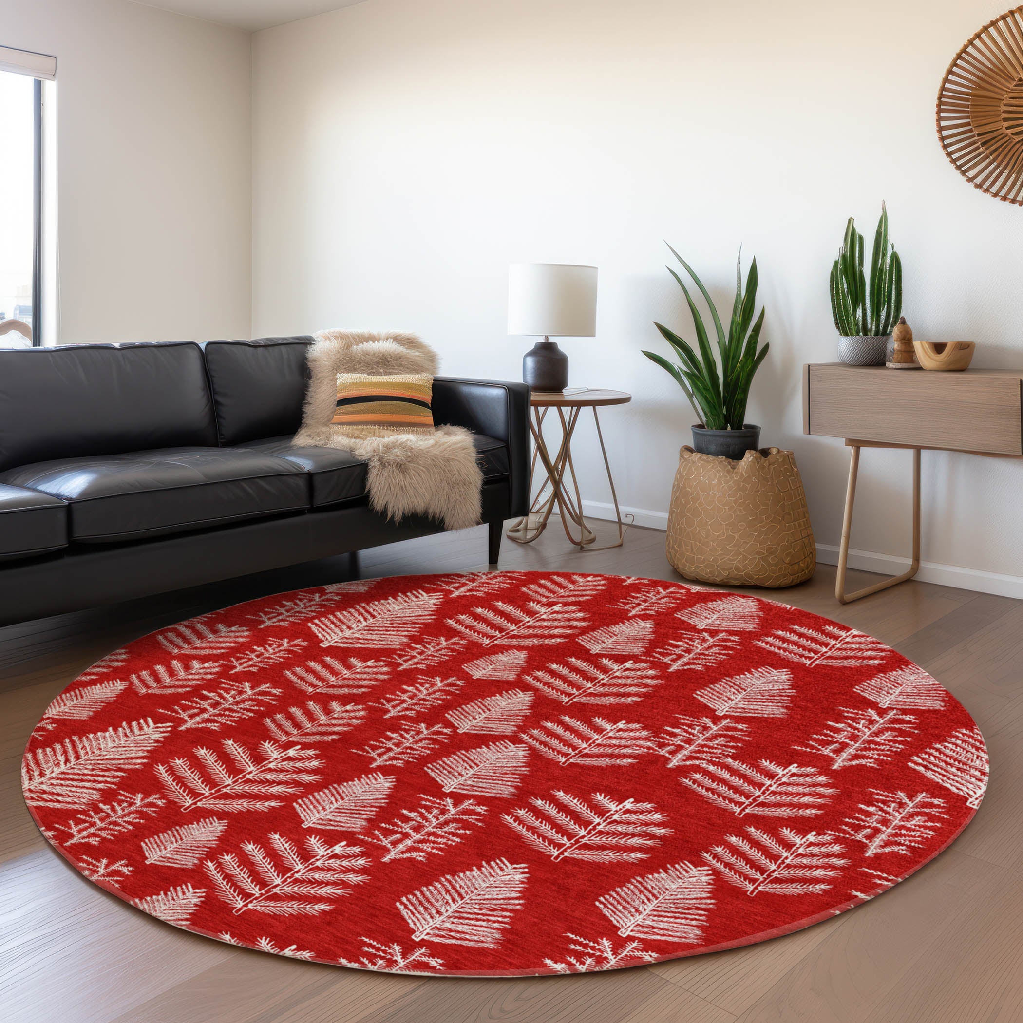 Luxury Machine Washable Indoor/Outdoor Holiday WN21 Red Rug 8' x 8' #shape_Round