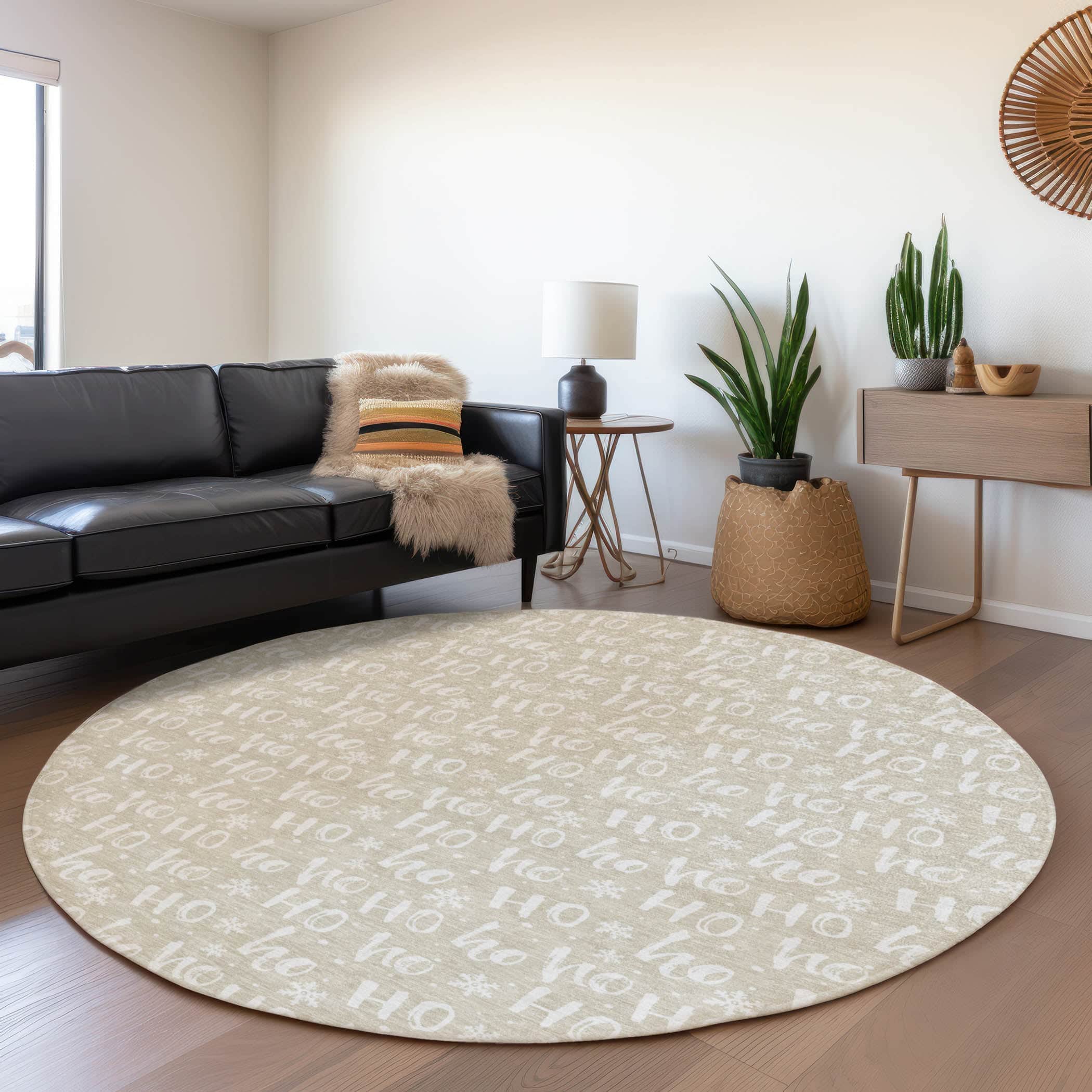 Luxury Machine Washable Indoor/Outdoor Holiday WN22 Beige Ivory Rug 8' x 8' #shape_Round