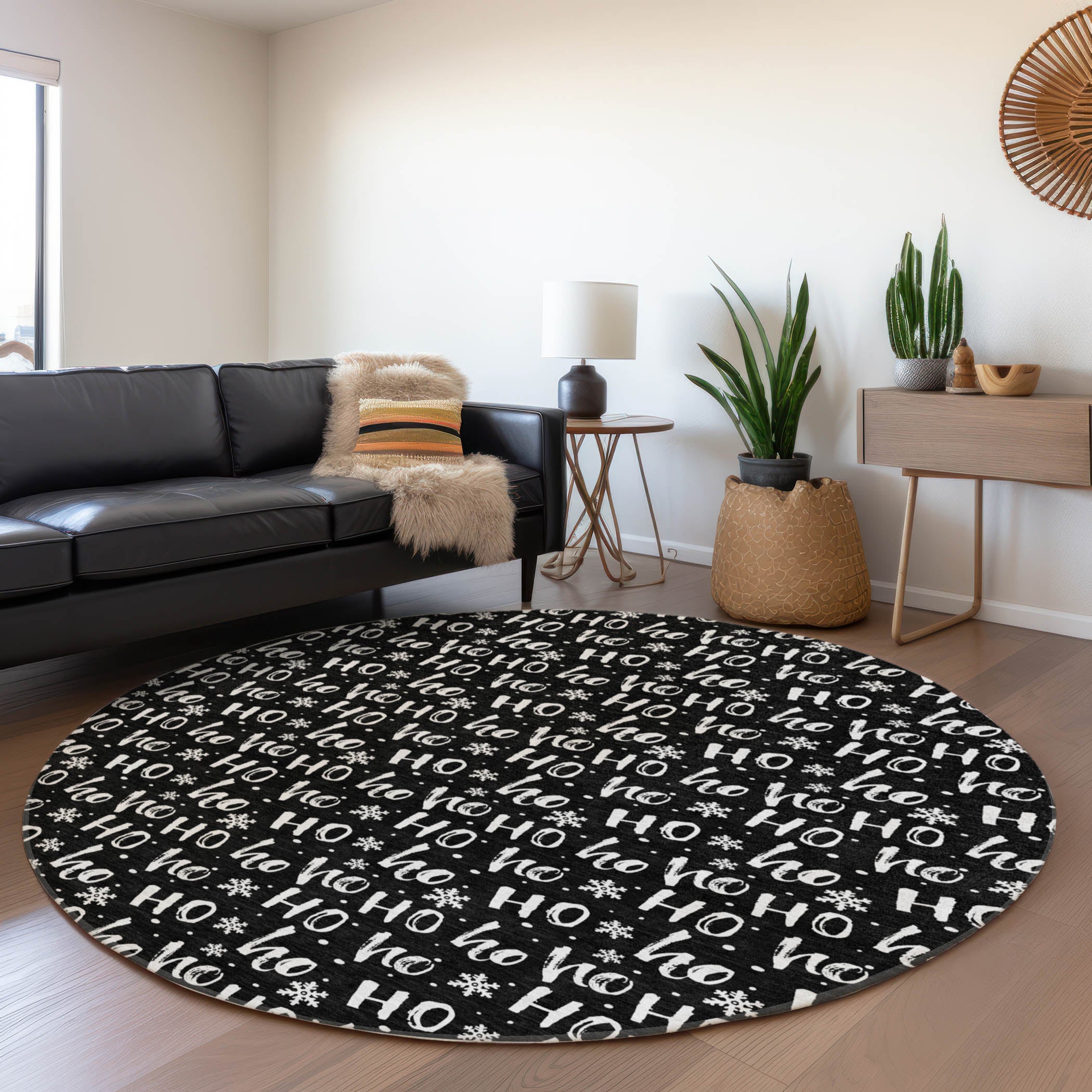 Luxury Machine Washable Indoor/Outdoor Holiday WN22 Black Rug 8' x 8' #shape_Round