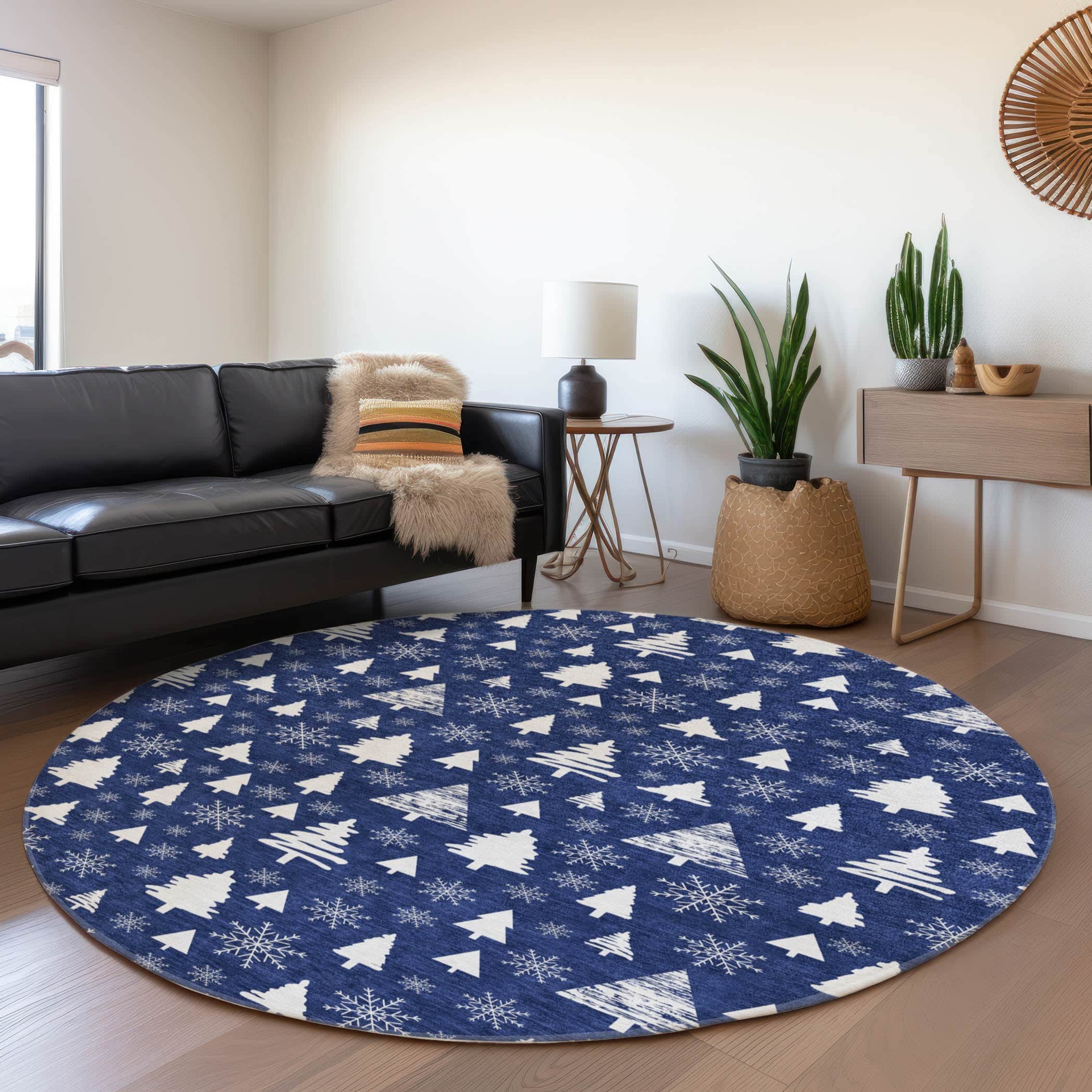 Luxury Machine Washable Indoor/Outdoor Holiday WN23 Navy Blue Rug 8' x 8' #shape_Round