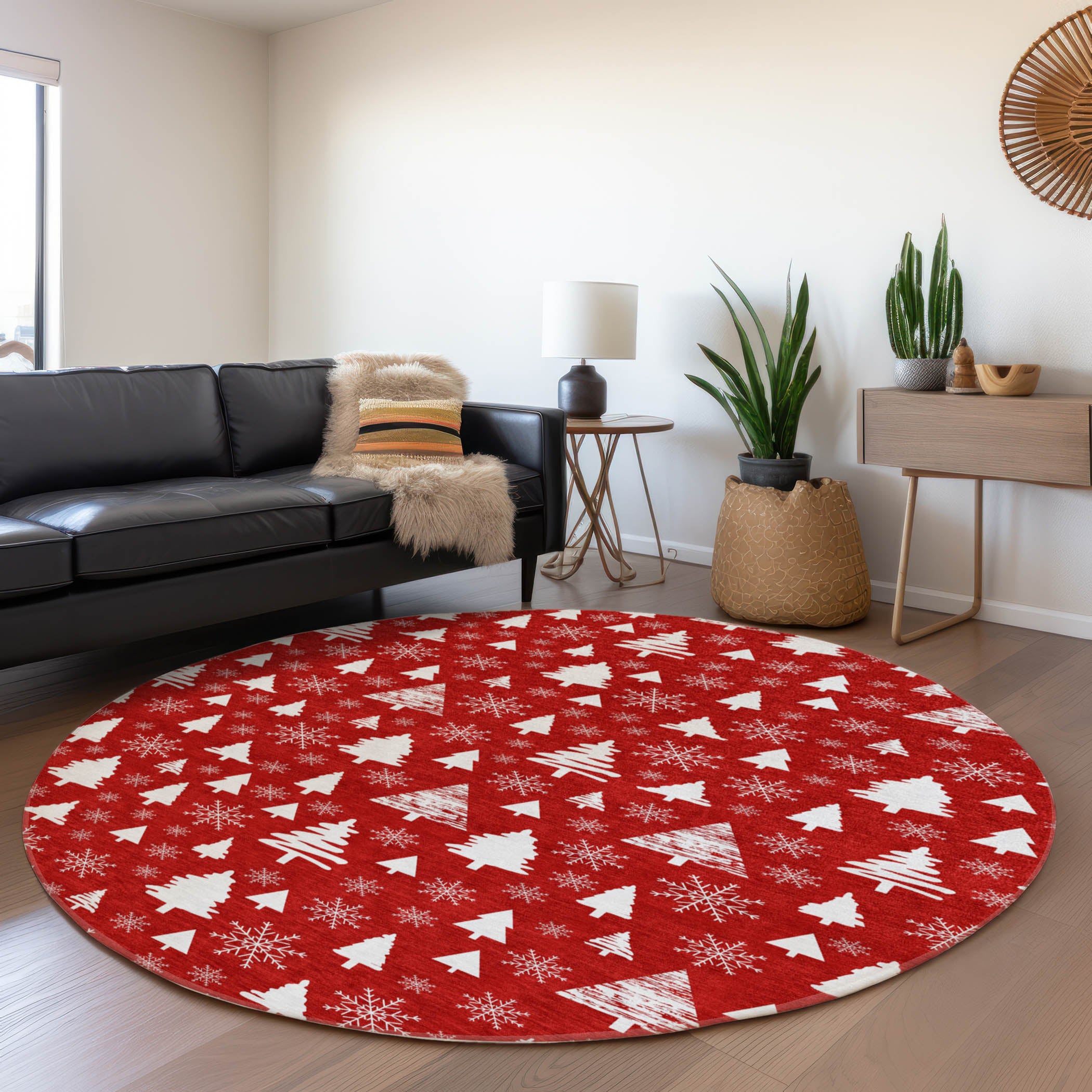 Luxury Machine Washable Indoor/Outdoor Holiday WN23 Red Rug 8' x 8' #shape_Round