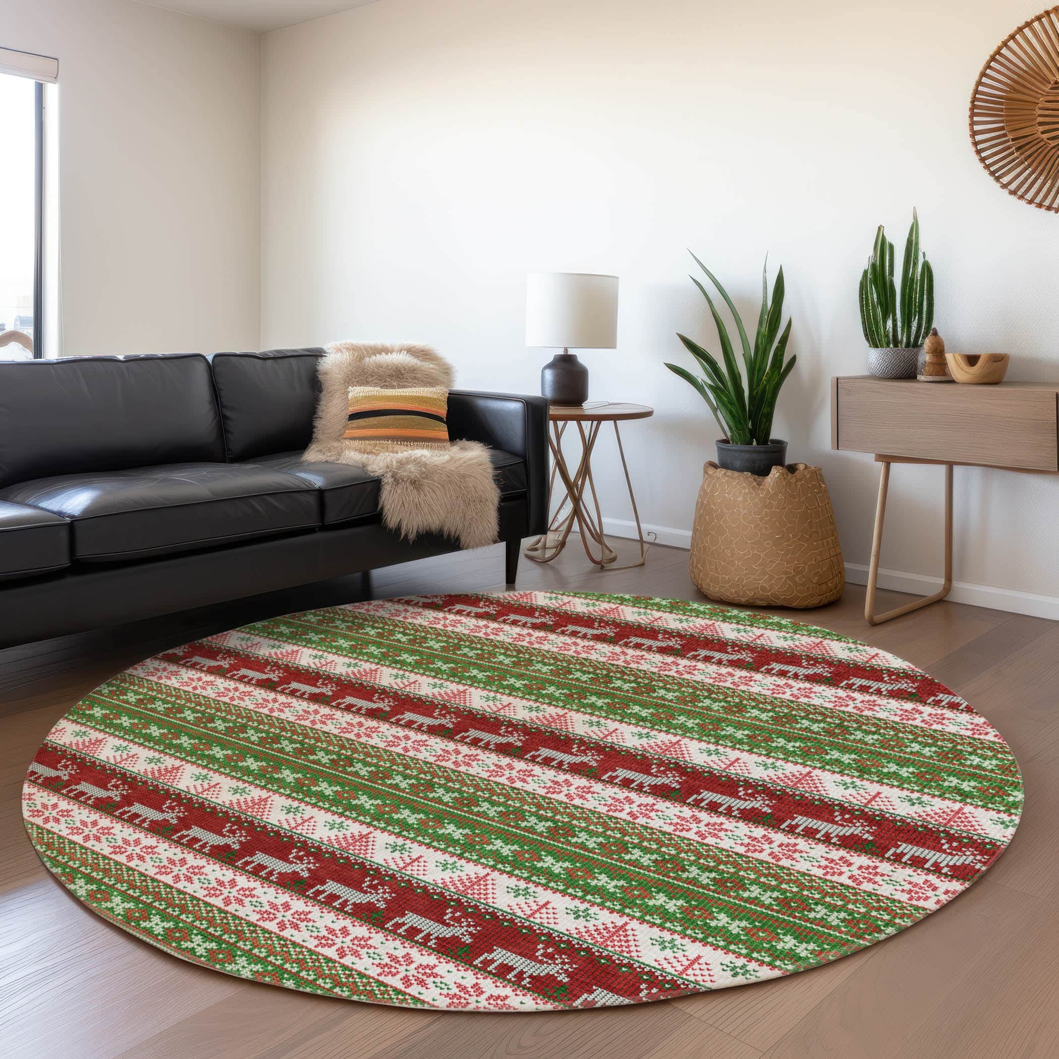 Luxury Machine Washable Indoor/Outdoor Holiday WN26 Green Rug 8' x 8' #shape_Round