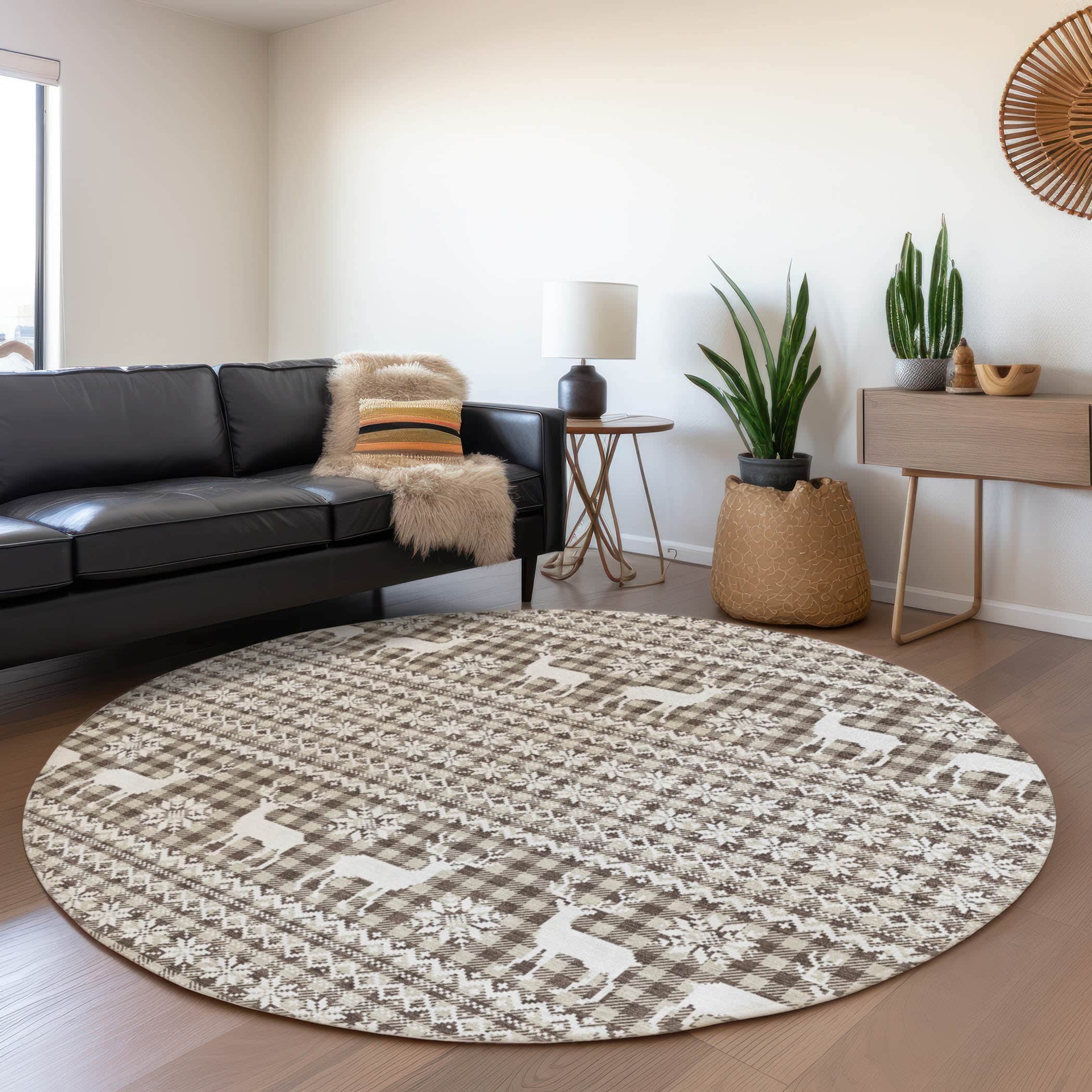 Luxury Machine Washable Indoor/Outdoor Holiday WN28 Brown Rug 8' x 8' #shape_Round