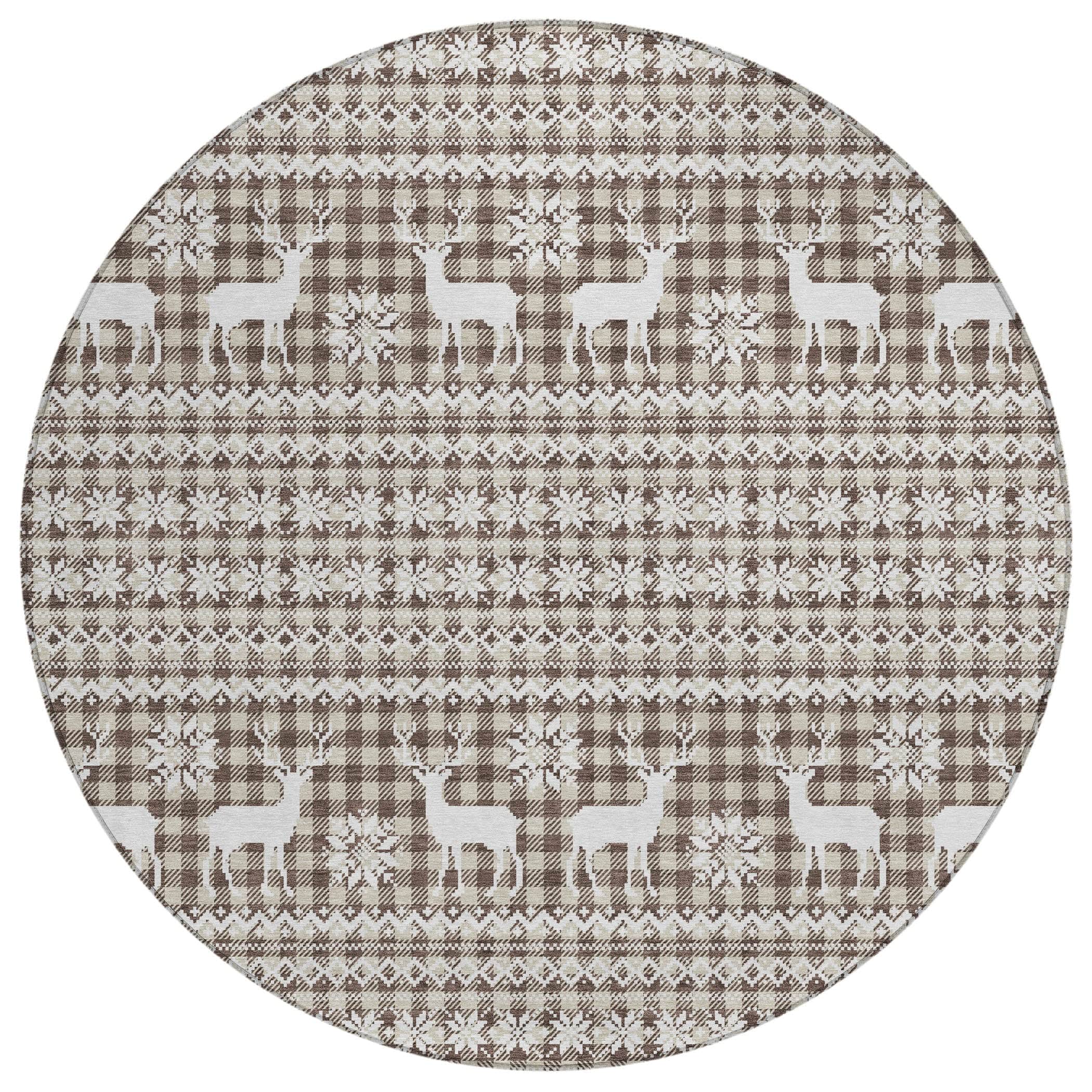 Luxury Machine Washable Indoor/Outdoor Holiday WN28 Brown Rug 8' x 8' #shape_Round