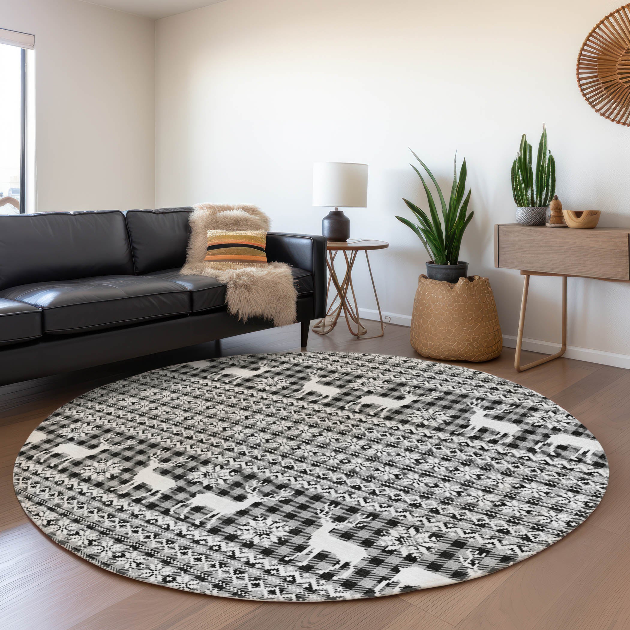 Luxury Machine Washable Indoor/Outdoor Holiday WN28 Gray Rug 8' x 8' #shape_Round