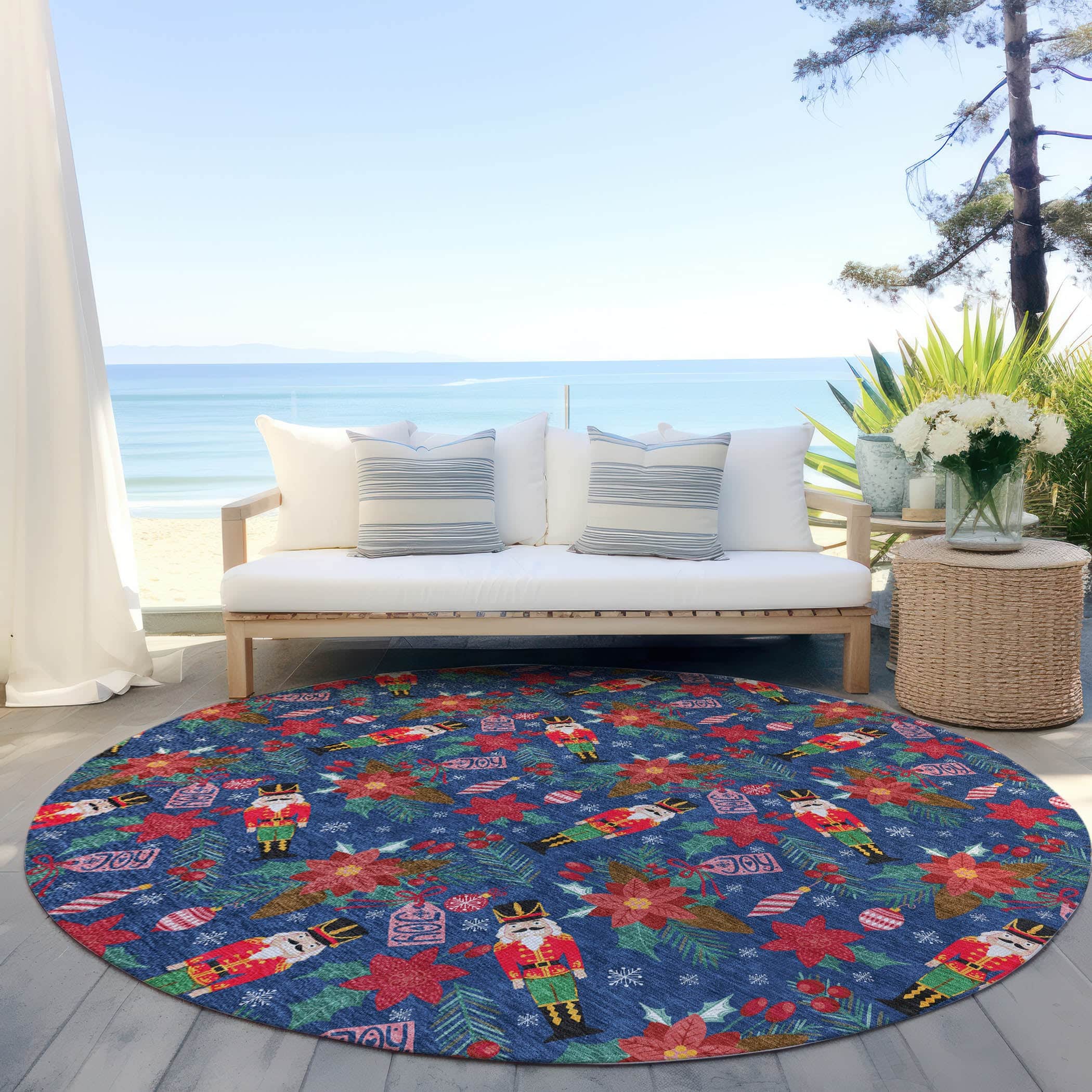 Luxury Machine Washable Indoor/Outdoor Holiday WN30 Navy Blue Rug 8' x 8' #shape_Round