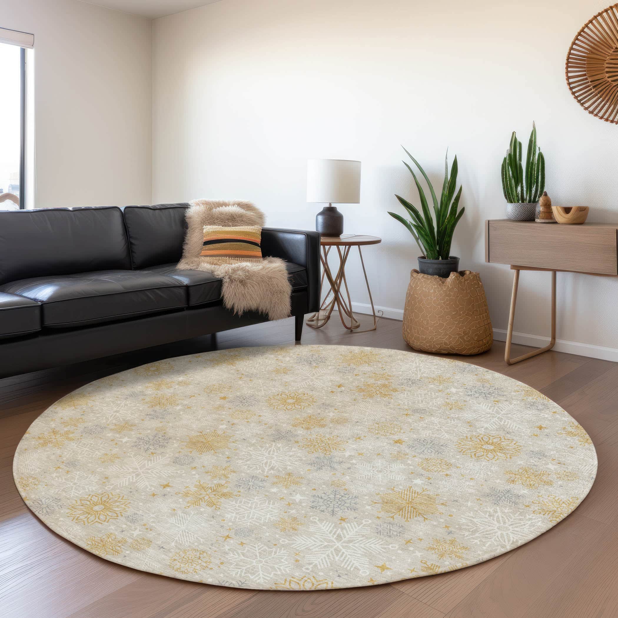 Luxury Machine Washable Indoor/Outdoor Holiday WN31 Beige Ivory Rug 8' x 8' #shape_Round