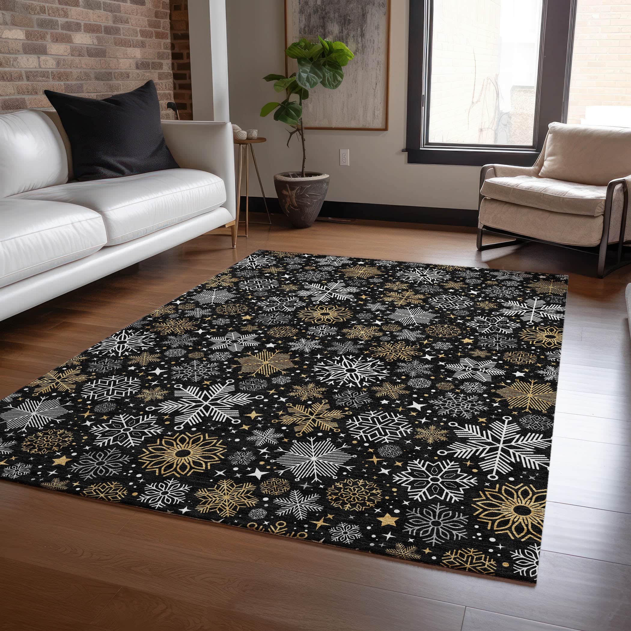 Luxury Machine Washable Indoor/Outdoor Holiday WN31 Black Rug 2'6" x 3'10" #shape_Rectangle
