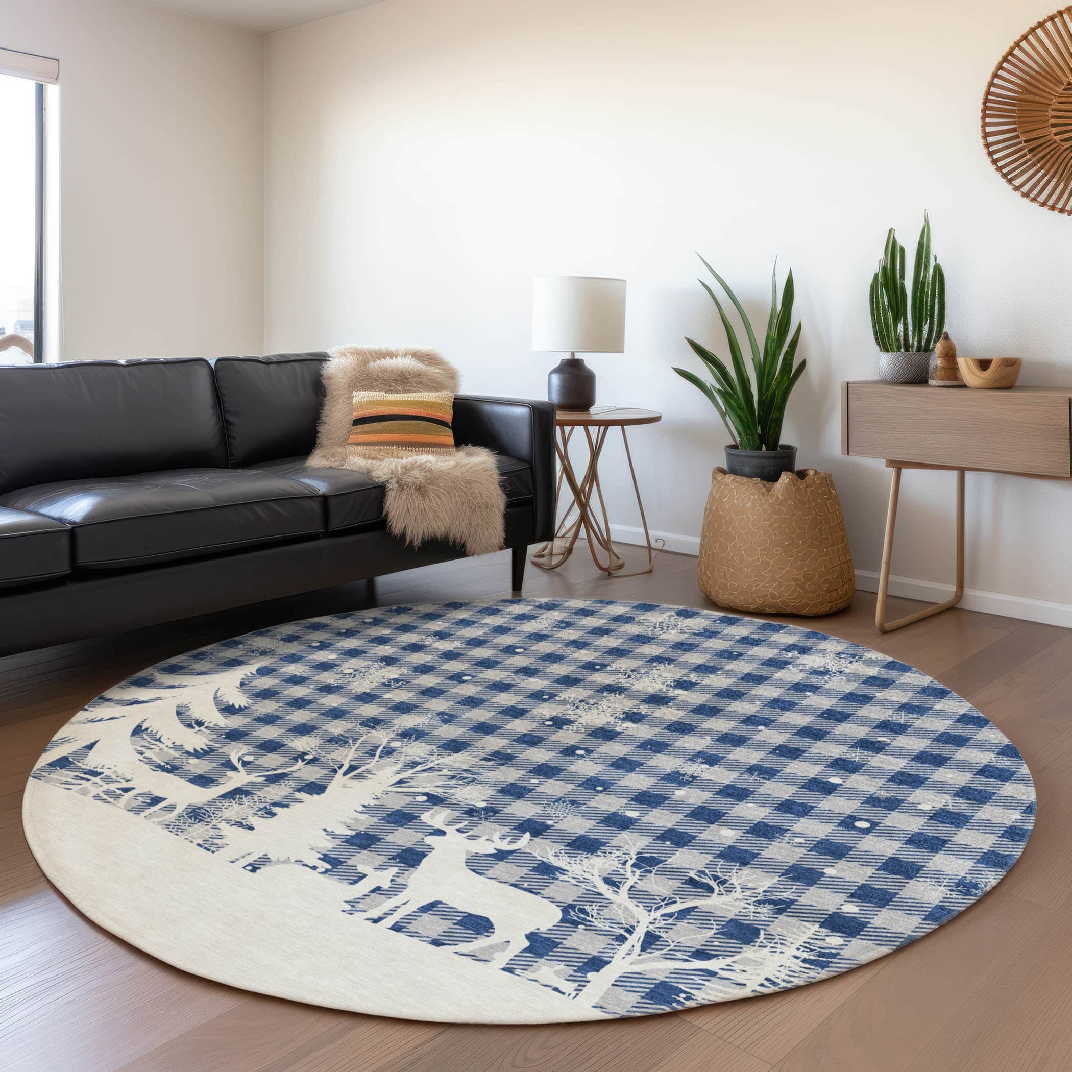 Luxury Machine Washable Indoor/Outdoor Holiday WN32 Blue Rug 8' x 8' #shape_Round