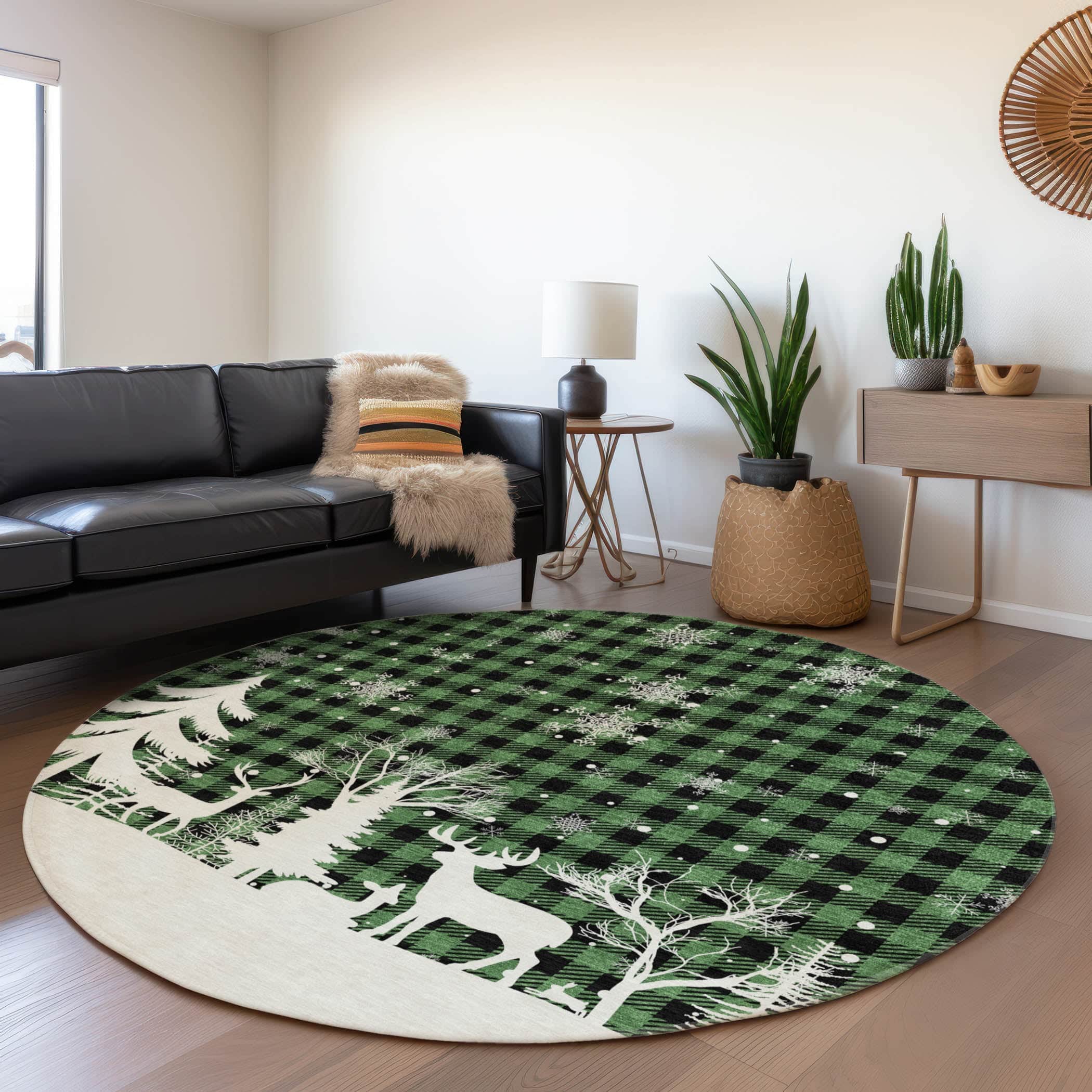 Luxury Machine Washable Indoor/Outdoor Holiday WN32 Green Rug 8' x 8' #shape_Round