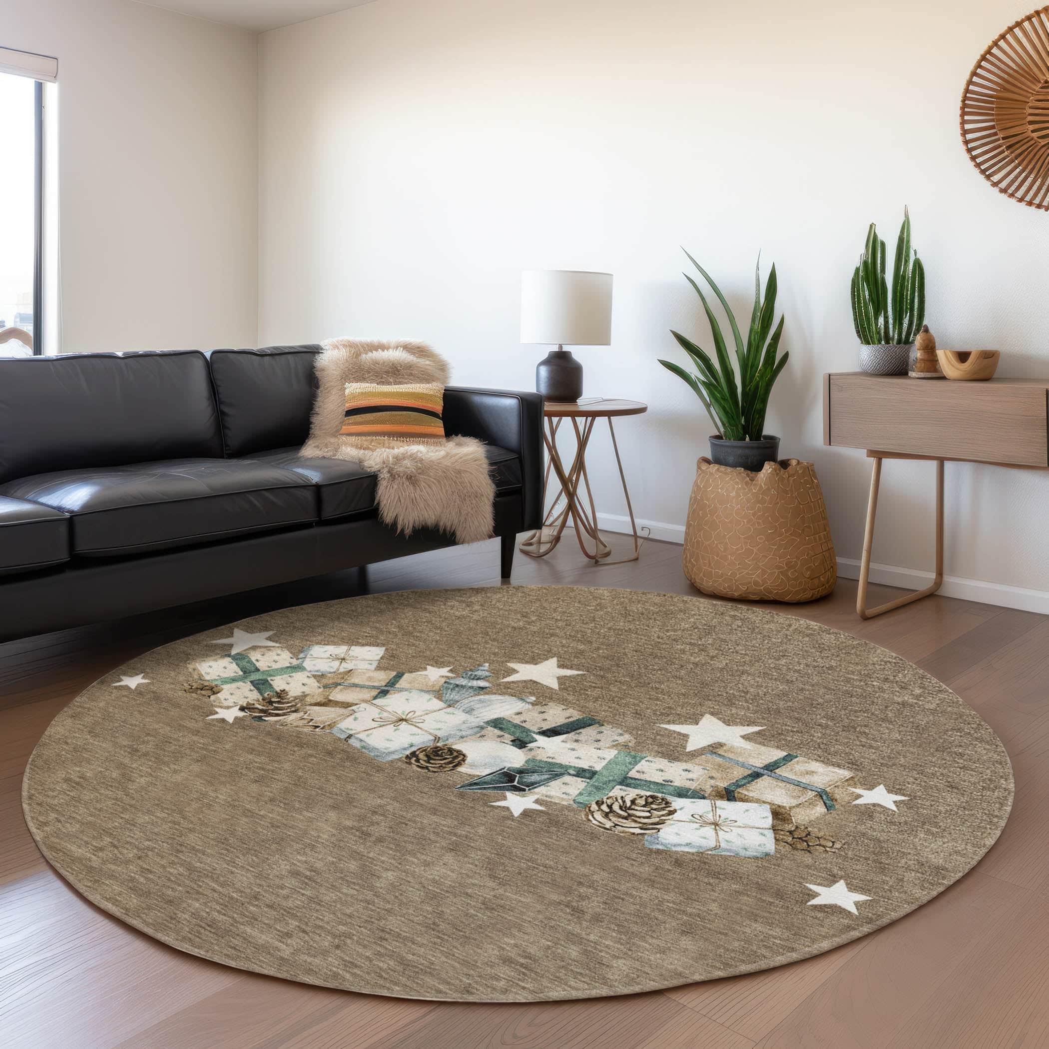 Luxury Machine Washable Indoor/Outdoor Holiday WN33 Brown Rug 8' x 8' #shape_Round