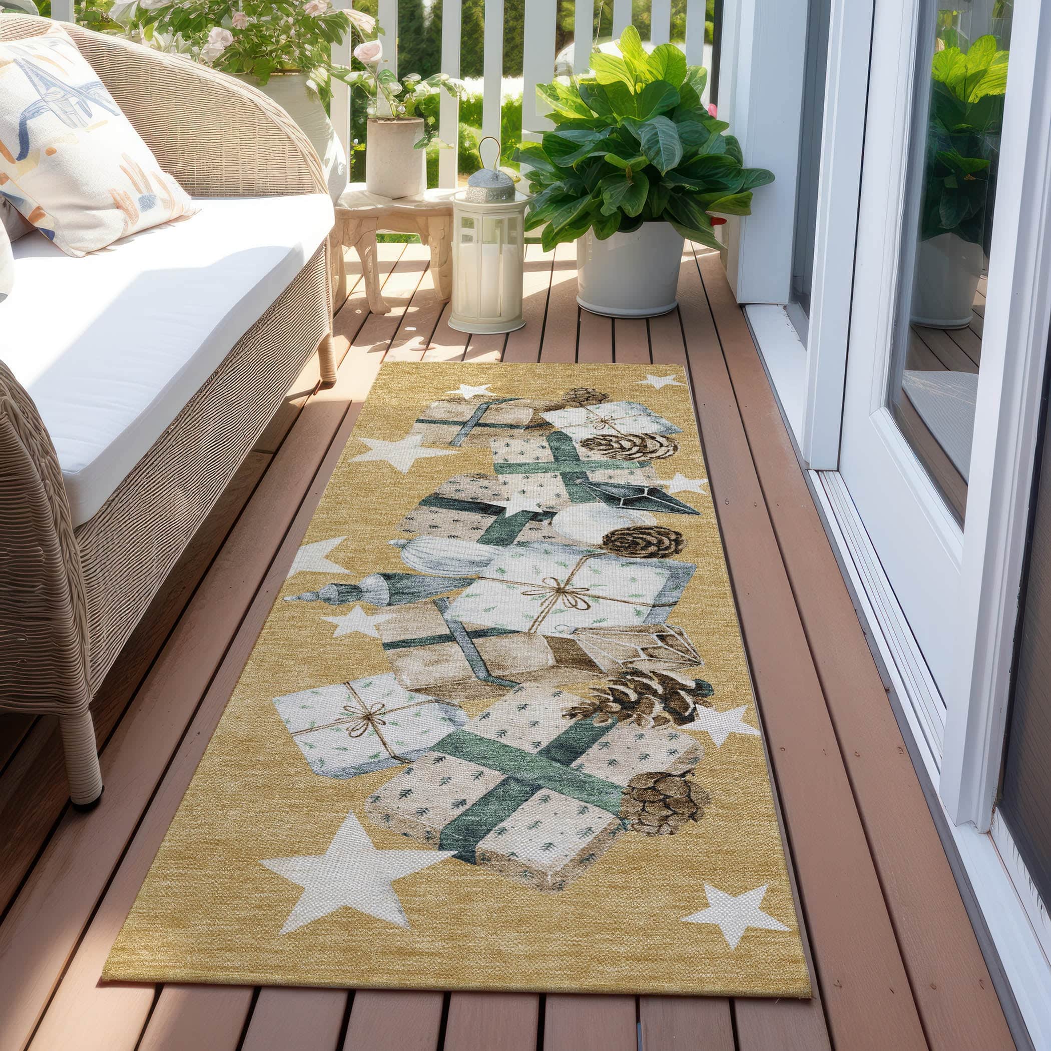 Luxury Machine Washable Indoor/Outdoor Holiday WN33 Gold Rug 2'3" x 7'6" #shape_Runner
