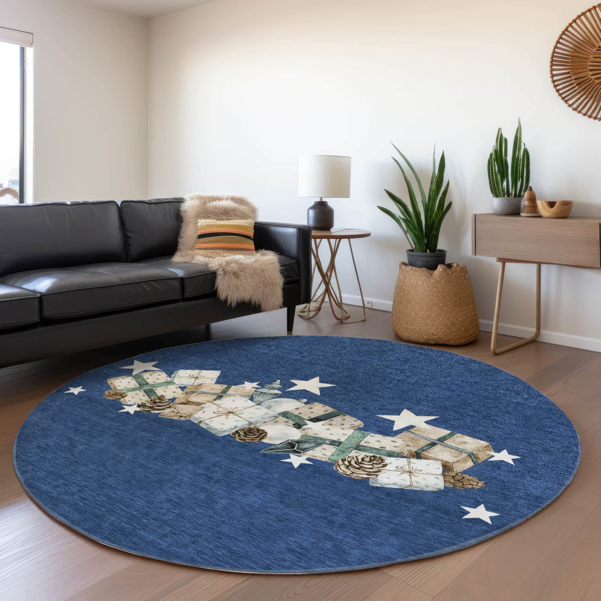 Luxury Machine Washable Indoor/Outdoor Holiday WN33 Navy Blue Rug 8' x 8' #shape_Round